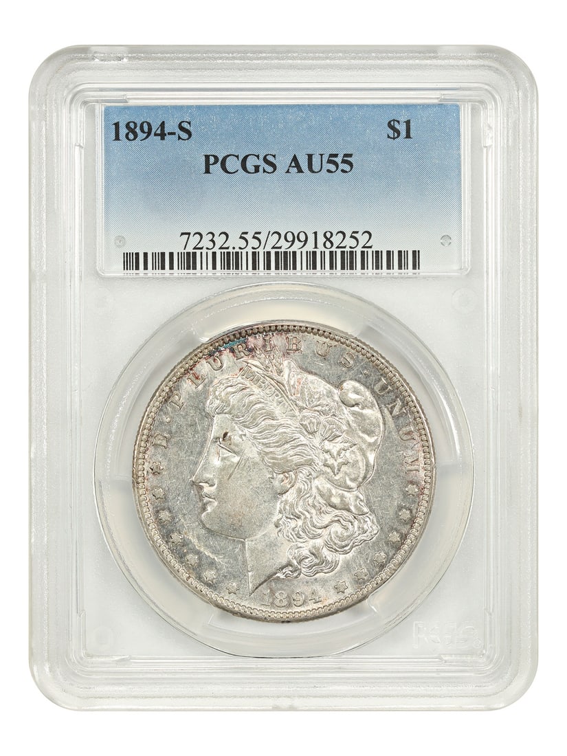 San Francisco Mint 1894 Morgan Silver Dollar PCGS AU55: San Francisco Mint 1894 Morgan Silver Dollar PCGS AU55 This 1894-S Morgan Dollar is certified by PCGS with a grade of AU55. Minted in San Francisco, this circulated coin is a scarce addition to any co