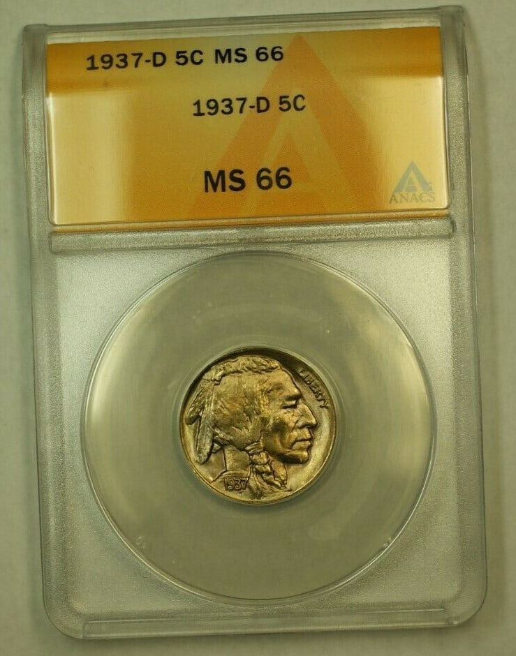 ANACS MS-66 Graded 1937-D Buffalo Nickel Uncirculated Coin: ANACS MS-66 Graded 1937-D Buffalo Nickel Uncirculated Coin This 1937-D Buffalo Nickel is a remarkable piece certified by ANACS with a grade of MS-66. Minted in Denver, this uncirculated nickel showcas