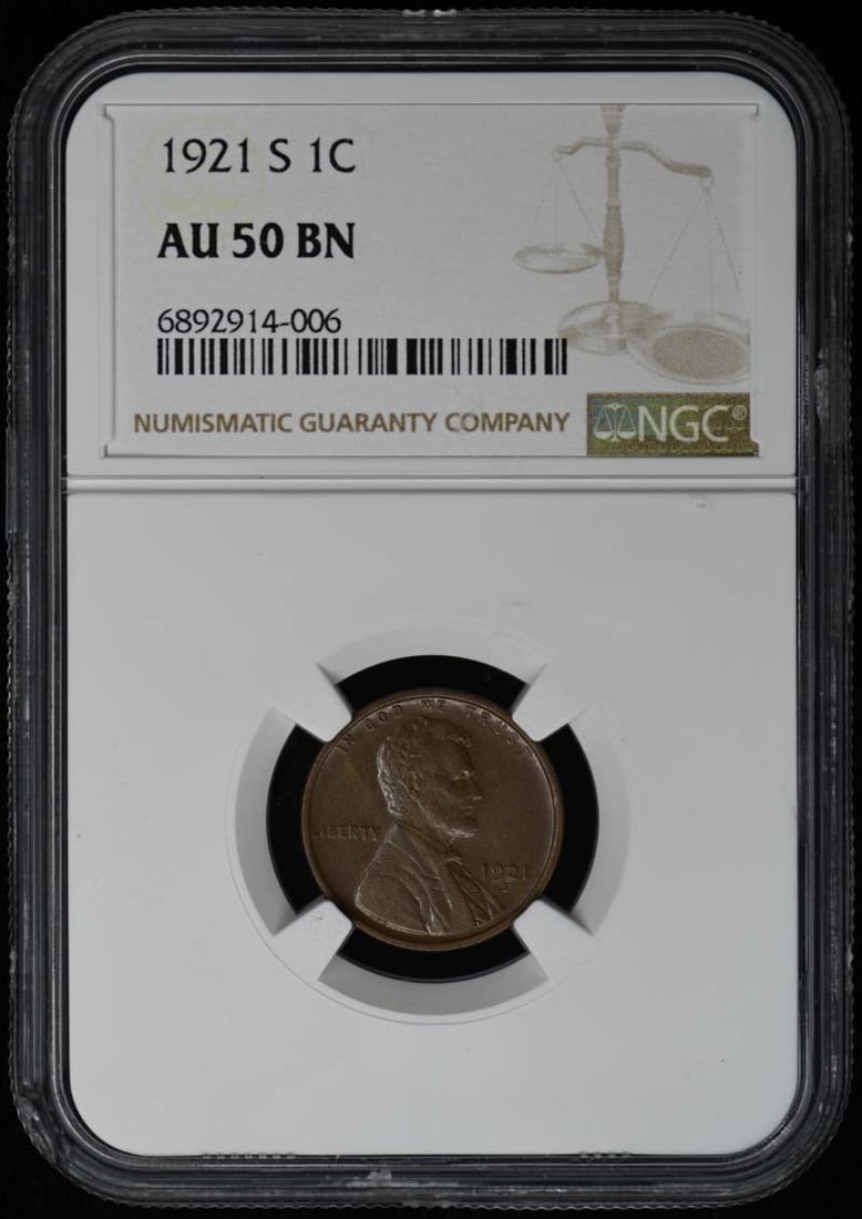 1921 San Francisco Lincoln Cent AU50 Brown NGC Certified: 1921 San Francisco Lincoln Cent AU50 Brown NGC Certified This is a 1921-S Lincoln Cent featuring the wheat reverse design. Graded AU50BN by NGC, this circulated coin was minted in San Francisco and is