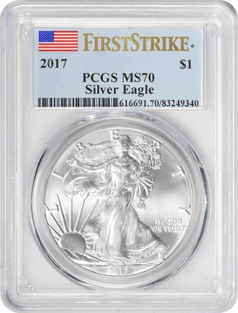 2017 American Silver Eagle Dollar MS70 PCGS First Strike 1 oz Coin: 2017 American Silver Eagle Dollar MS70 PCGS First Strike 1 oz Coin This 2017 $1 American Silver Eagle coin is graded MS70 by PCGS and features the First Strike designation. Struck by the U.S. Mint, it