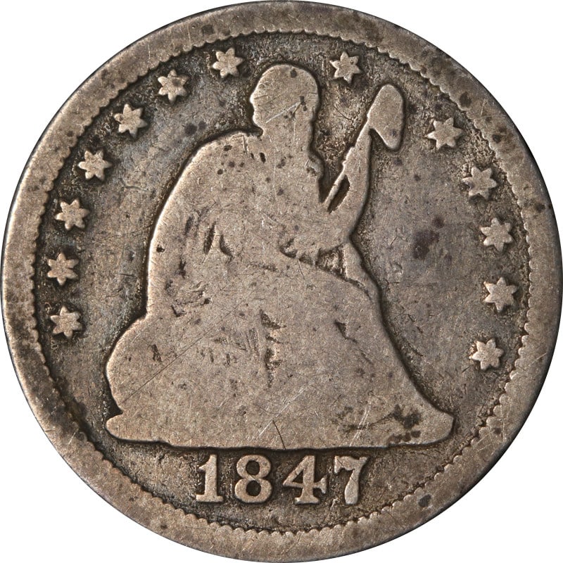 1847 Philadelphia Mint Silver Seated Liberty Quarter Coin: 1847 Philadelphia Mint Silver Seated Liberty Quarter Coin This is an 1847-P Seated Liberty Quarter from the United States. The coin is composed of silver with a fineness of 0.9. It is circulated and p