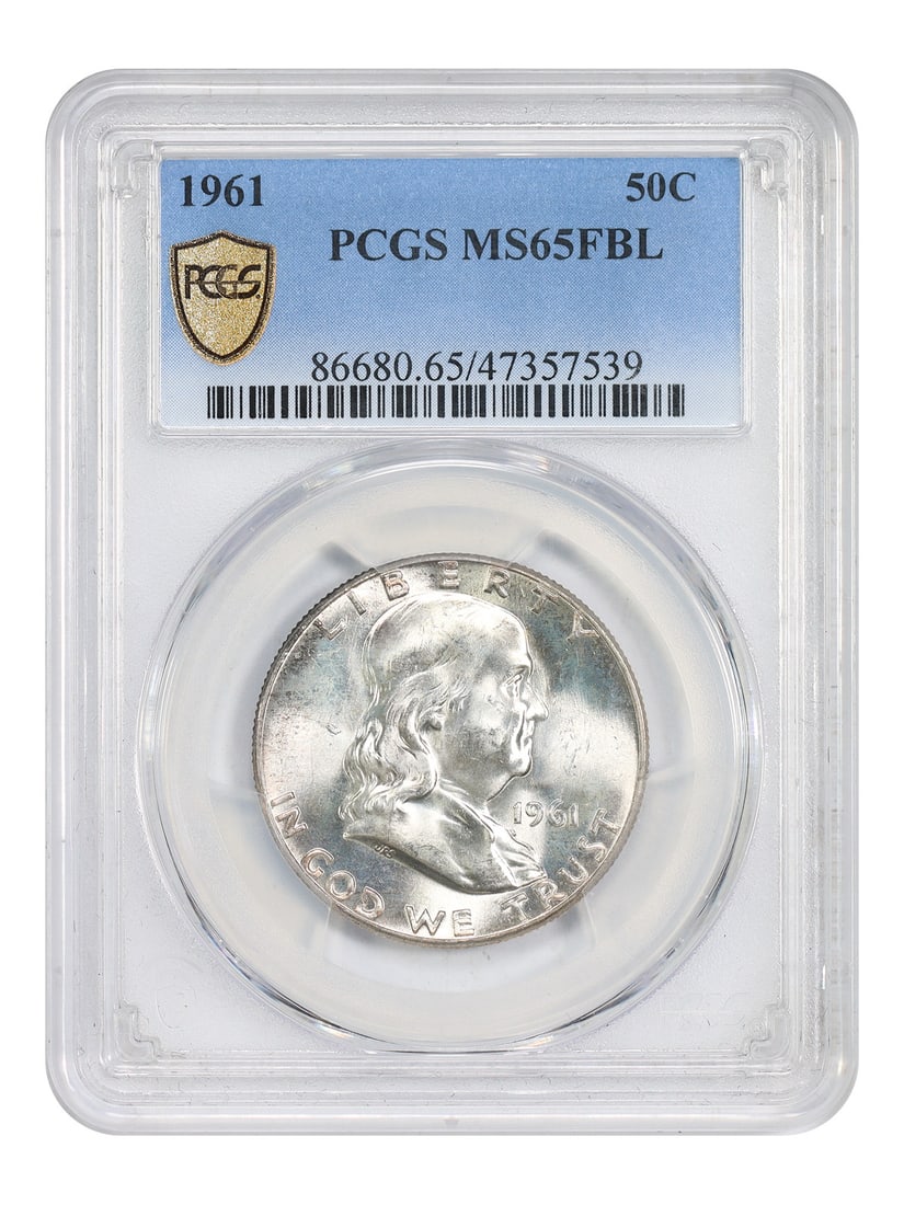Franklin Half Dollar 1961 Philadelphia PCGS MS65FBL: Franklin Half Dollar 1961 Philadelphia PCGS MS65FBL This is a 1961 Franklin Half Dollar graded MS65FBL by PCGS. The coin is uncirculated and was minted in Philadelphia. It belongs to the Franklin Half