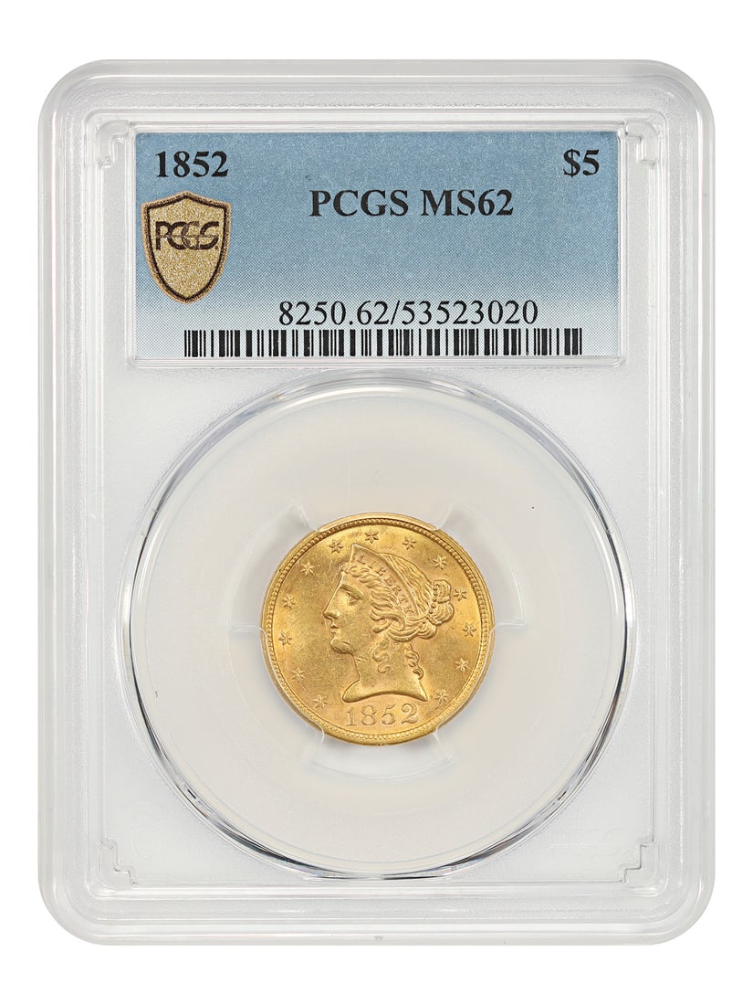 1852 Liberty Head $5 Gold Coin PCGS MS62 Philadelphia Mint: 1852 Liberty Head $5 Gold Coin PCGS MS62 Philadelphia Mint This 1852 Liberty Head $5 gold coin is graded MS62 by PCGS and is uncirculated. It features strong satiny mint luster and canary-gold surface