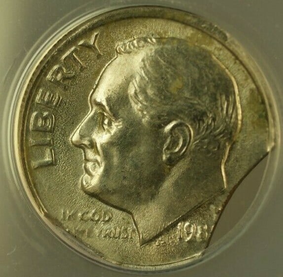 ANACS MS-63 Roosevelt Dime Mint Error Doubled Curved Clip 1981-1985 (1 of 4)