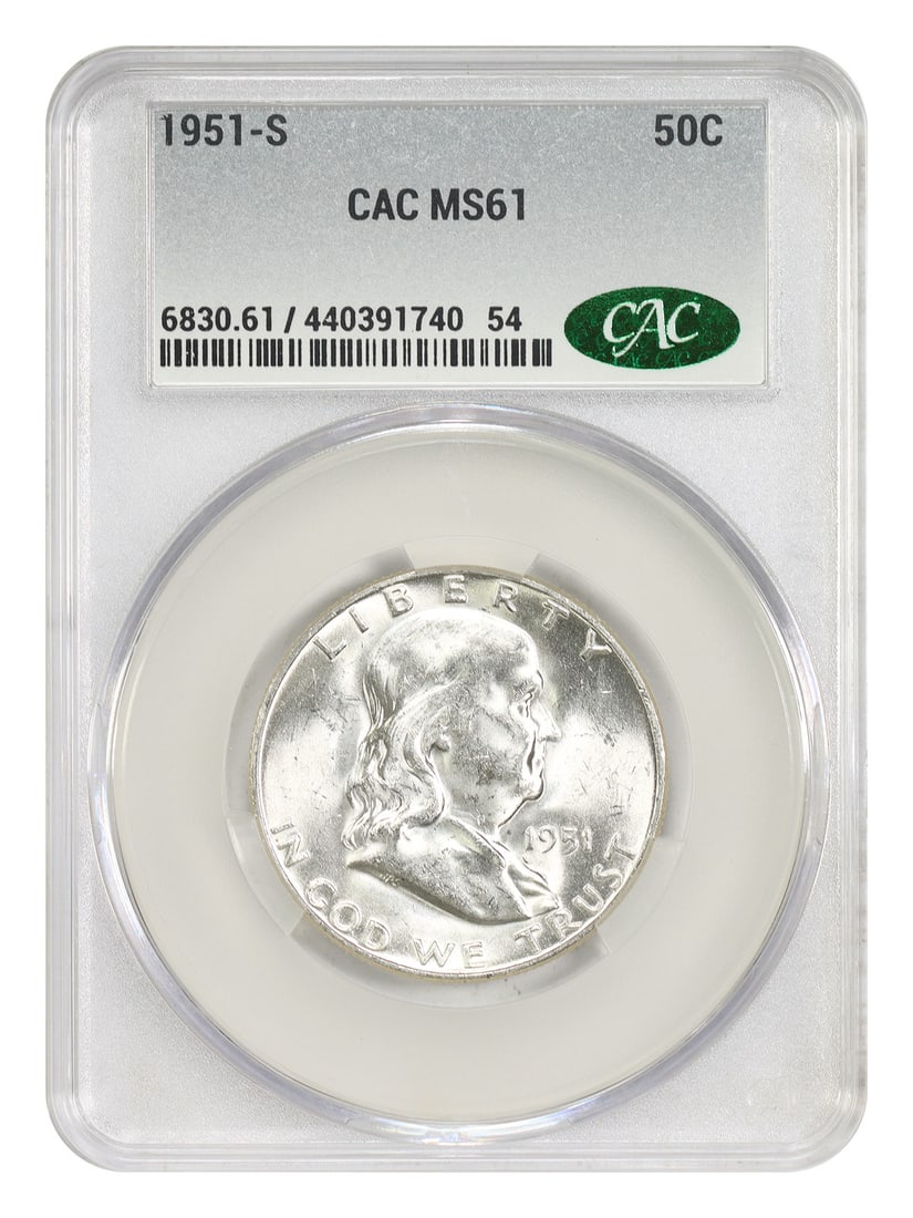 1951 San Francisco Franklin Half Dollar CACG MS61 50 Cent Coin: 1951 San Francisco Franklin Half Dollar CACG MS61 50 Cent Coin This is a 1951-S Franklin Half Dollar graded MS61 by CACG. The coin is uncirculated and was minted in San Francisco. It belongs to the Fr