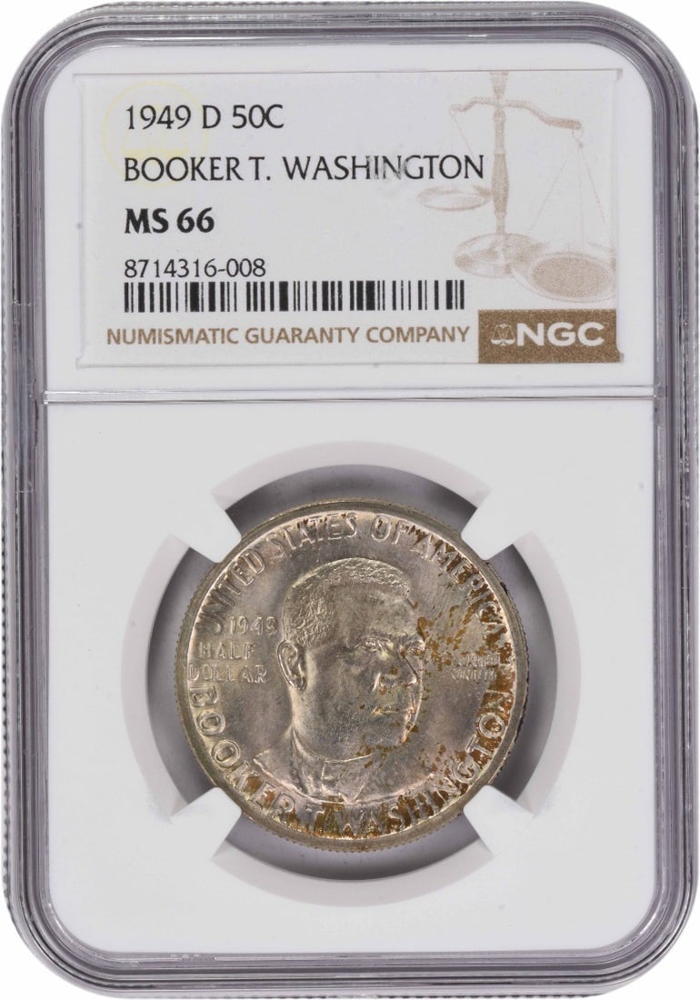 1949-D Half Dollar NGC MS66 Booker T Washington Silver Commemorative Coin: 1949-D Half Dollar NGC MS66 Booker T Washington Silver Commemorative Coin This 1949-D Booker T. Washington Commemorative Half Dollar is graded MS66 by NGC and remains in uncirculated condition. Struck