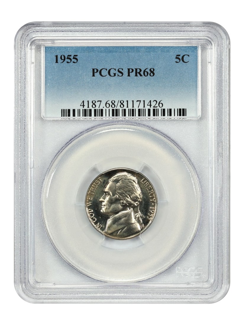 1955 Jefferson Nickel Proof PR68 PCGS Certified 5C Coin: 1955 Jefferson Nickel Proof PR68 PCGS Certified 5C Coin This is a 1955 Jefferson Nickel, denominated as 5C, graded PR68 by PCGS. The coin is uncirculated and was minted in Philadelphia. It belongs to 