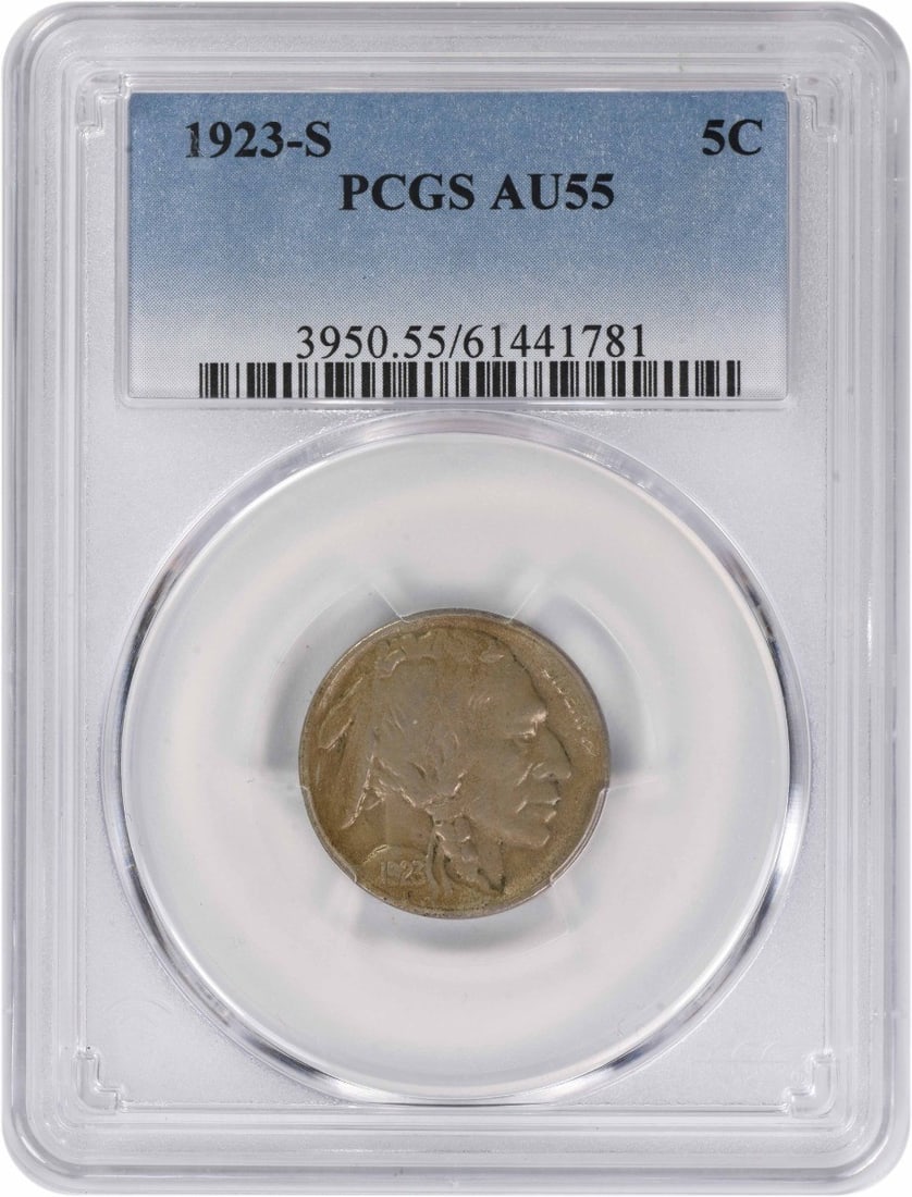 1923 San Francisco Buffalo Nickel Graded AU55 by PCGS: 1923 San Francisco Buffalo Nickel Graded AU55 by PCGS This 1923-S Buffalo Nickel is a pre-owned coin graded AU55 by PCGS. Minted in San Francisco, it features a composition of nickel and holds a denom
