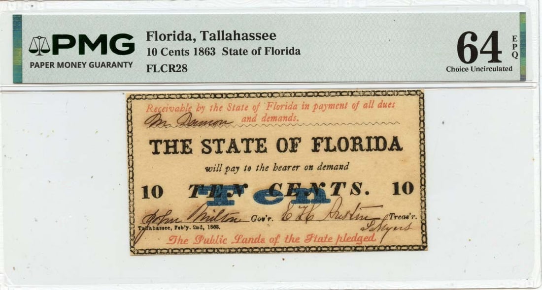 Tallahassee Florida 1863 Ten Cent Obsolete Currency Note PMG Certified Uncirculated (1 of 2)