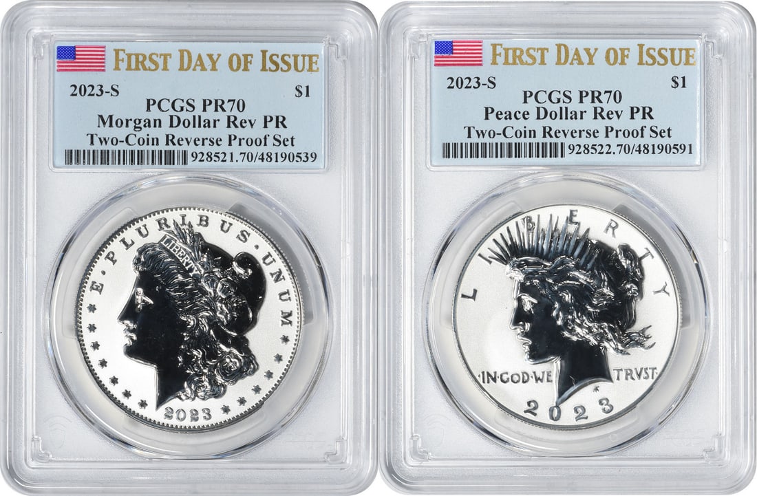2-Coin 2023-S Reverse Proof Silver Dollar Morgan and Peace Set PCGS PR70 FDOI: 2-Coin 2023-S Reverse Proof Silver Dollar Morgan and Peace Set PCGS PR70 FDOI This set includes a 2023-S Morgan and Peace Silver Dollar 2-Coin Reverse Proof Set, each graded PR70 by PCGS and designate