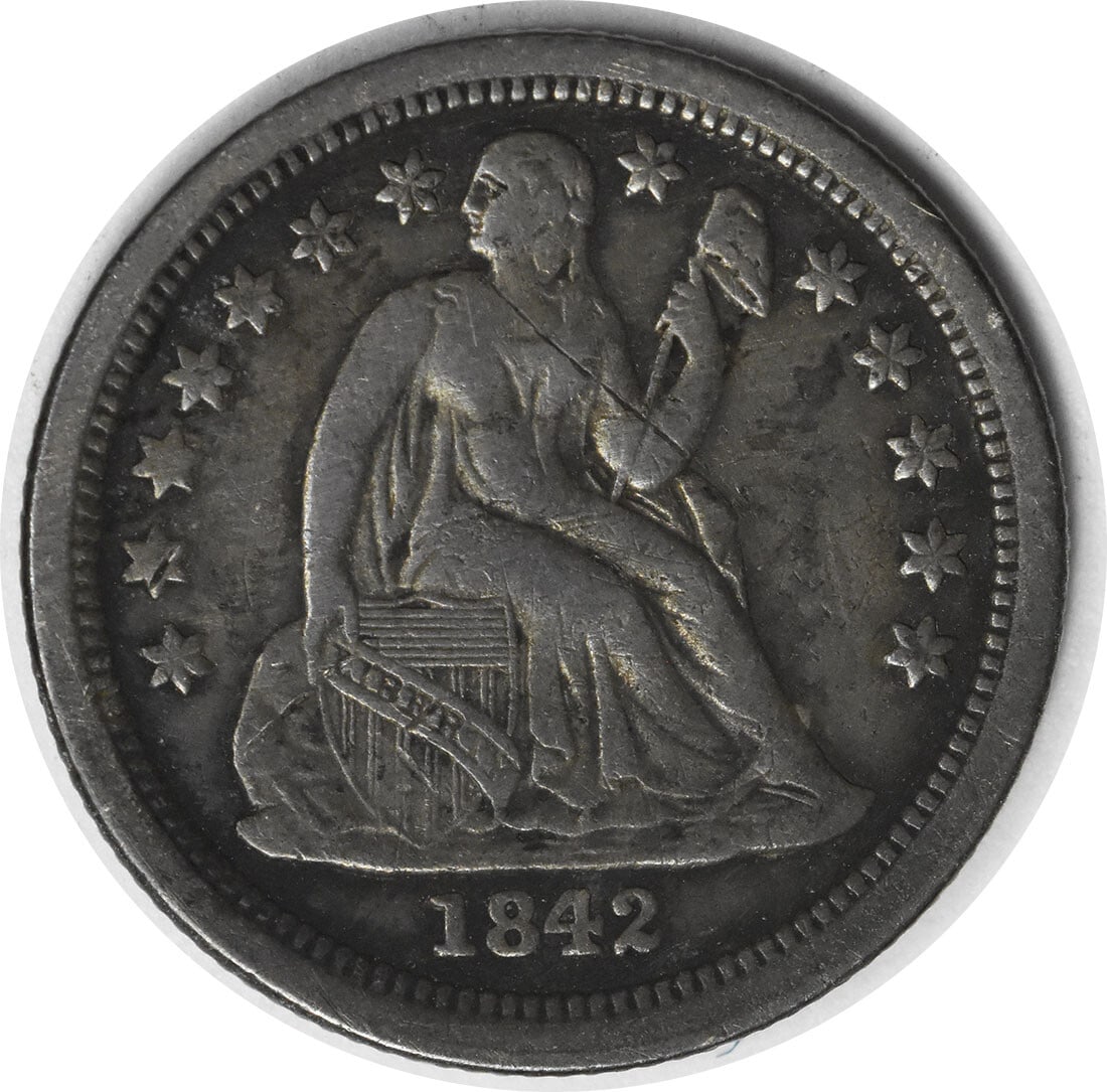 1842-O Liberty Seated Dime 10C by Christian Gobrecht 90% Silver: 1842-O Liberty Seated Dime 10C by Christian Gobrecht 90% Silver This 1842-O Liberty Seated Silver Dime is a remarkable piece of numismatic history, featuring the classic Seated Liberty design by Chris