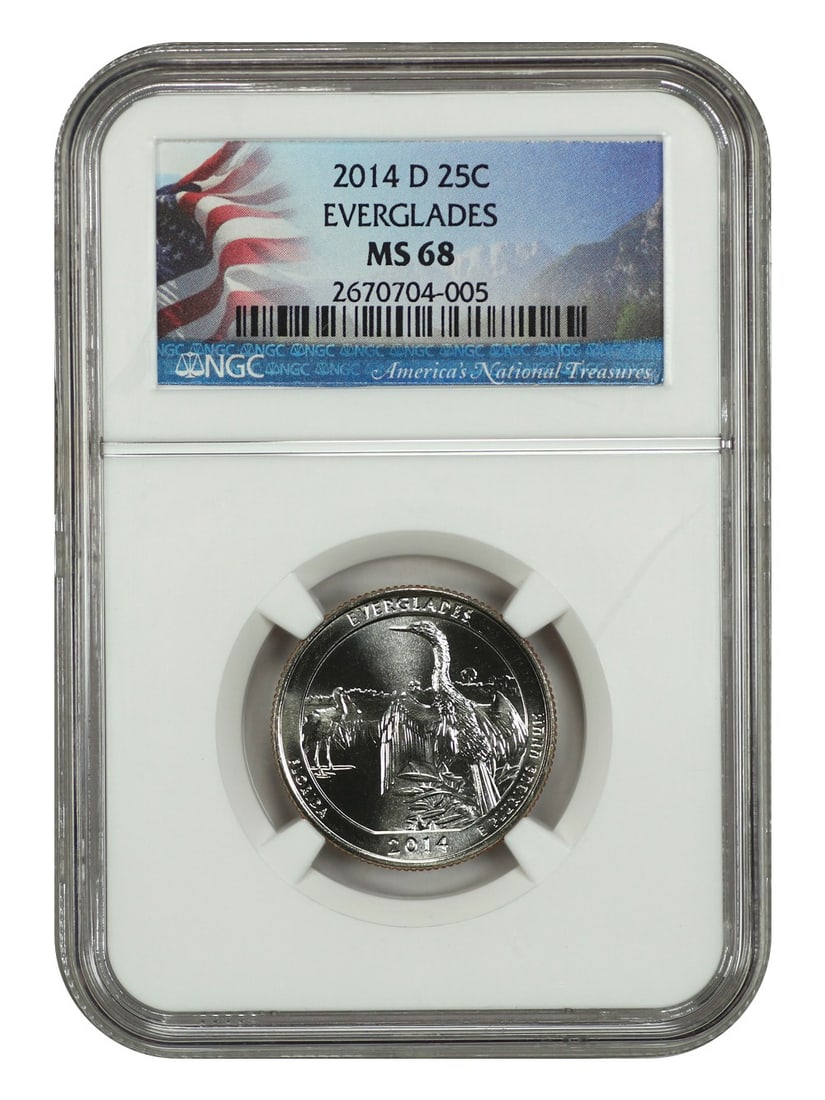 2014-D 25C Everglades NP NGC MS68 Type 1 Clad Coin: 2014-D 25C Everglades NP NGC MS68 Type 1 Clad Coin This 2014-D 25C Everglades National Park coin is a stunning example of the Washington America the Beautiful Quarters series. With a high grade of MS6