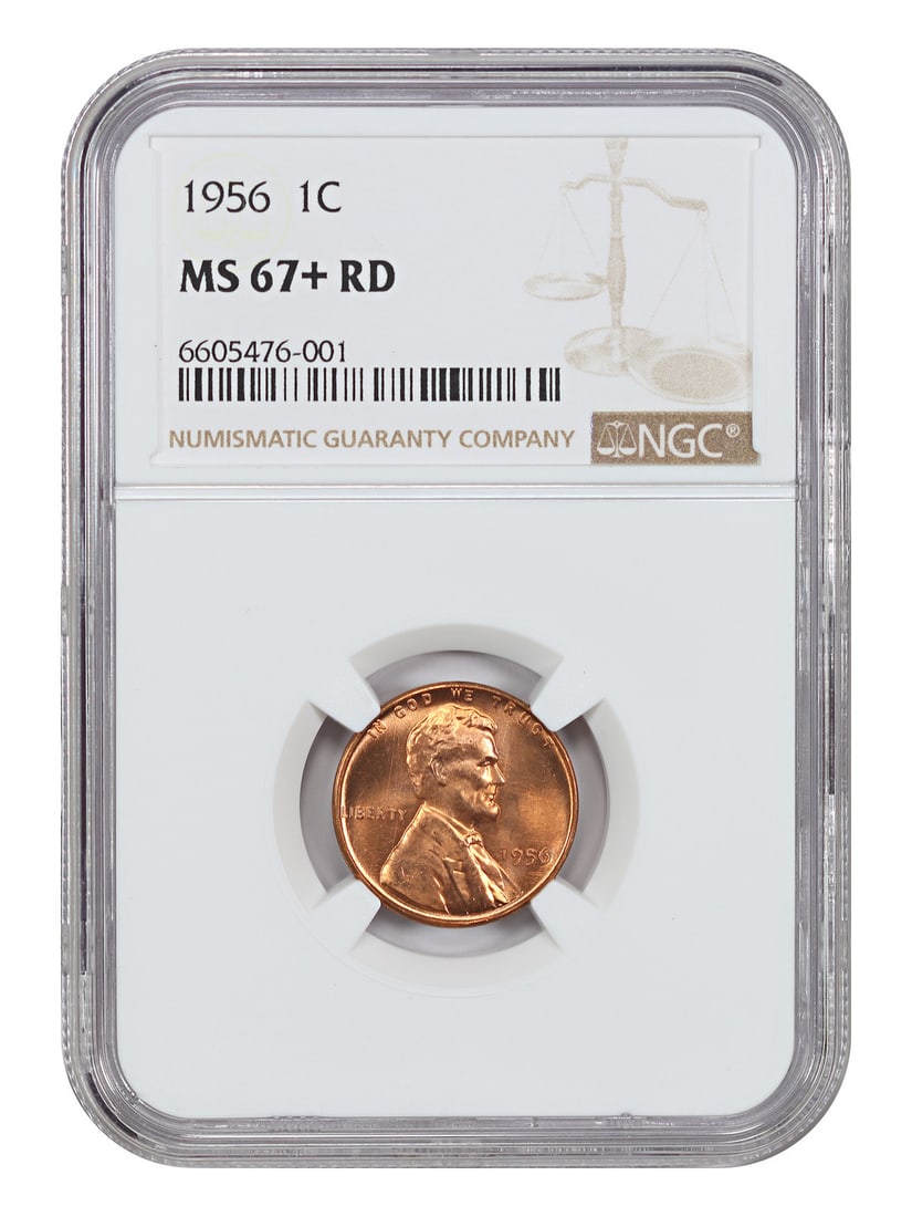 Lincoln Wheat Cent 1956 NGC MS67+RD Philadelphia Mint Gem: Lincoln Wheat Cent 1956 NGC MS67+RD Philadelphia Mint Gem This 1956 Lincoln Cent (Wheat Reverse) has been certified by NGC with a grade of MS67+RD, indicating its uncirculated condition and vibrant re