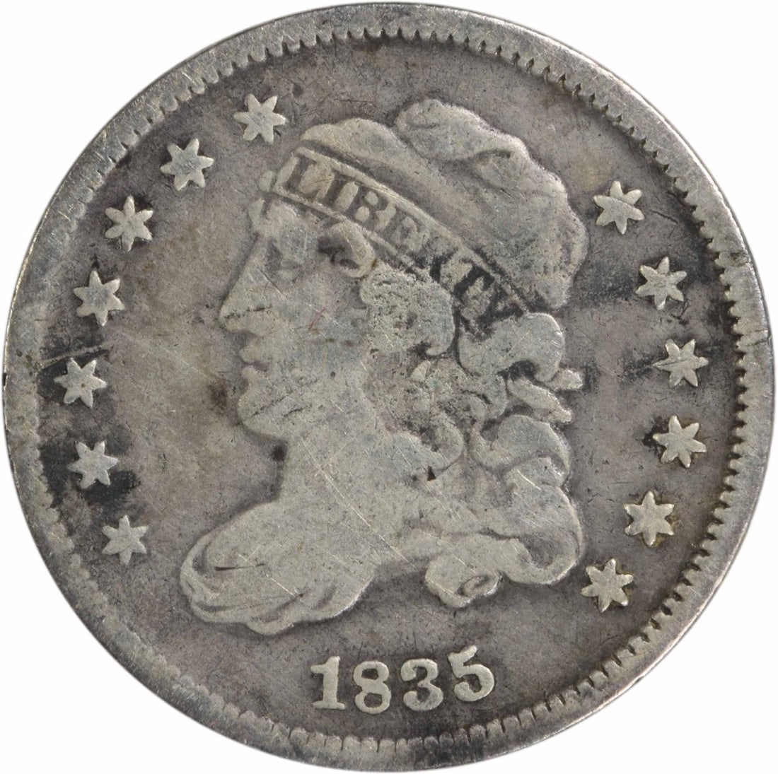 1835 Capped Bust Silver Half Dime Uncertified 89.2% Silver: 1835 Capped Bust Silver Half Dime Uncertified 89.2% Silver This 1835 Bust Silver Half Dime is a remarkable piece of numismatic history from the United States. Crafted at the Philadelphia mint, this ci