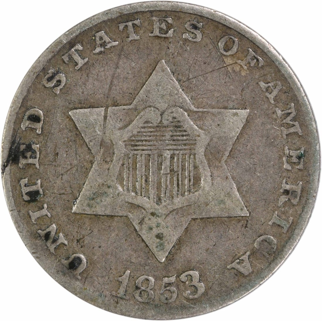 1853 Three Cent Silver Coin Uncertified KM 75 Circulated: 1853 Three Cent Silver Coin Uncertified KM 75 Circulated This 1853 Three Cent Silver coin is a notable piece from the United States, showcasing a denomination of three cents. It is circulated and grad