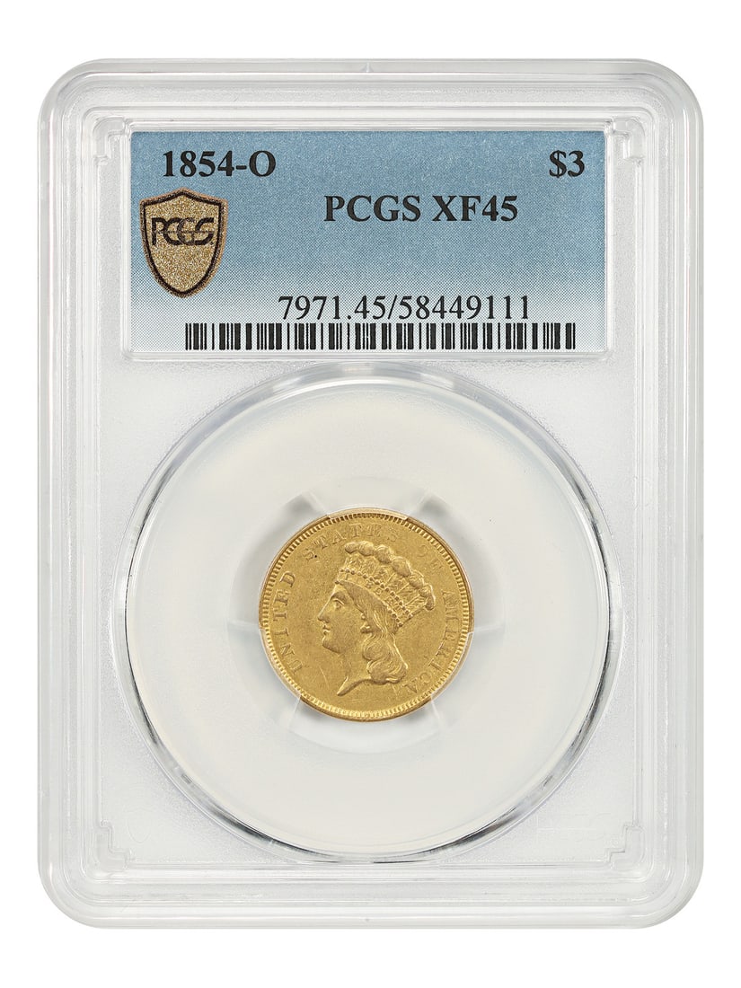 1854-O Three Dollar Gold Coin PCGS XF45 Scarce New Orleans Issue (1 of 5)