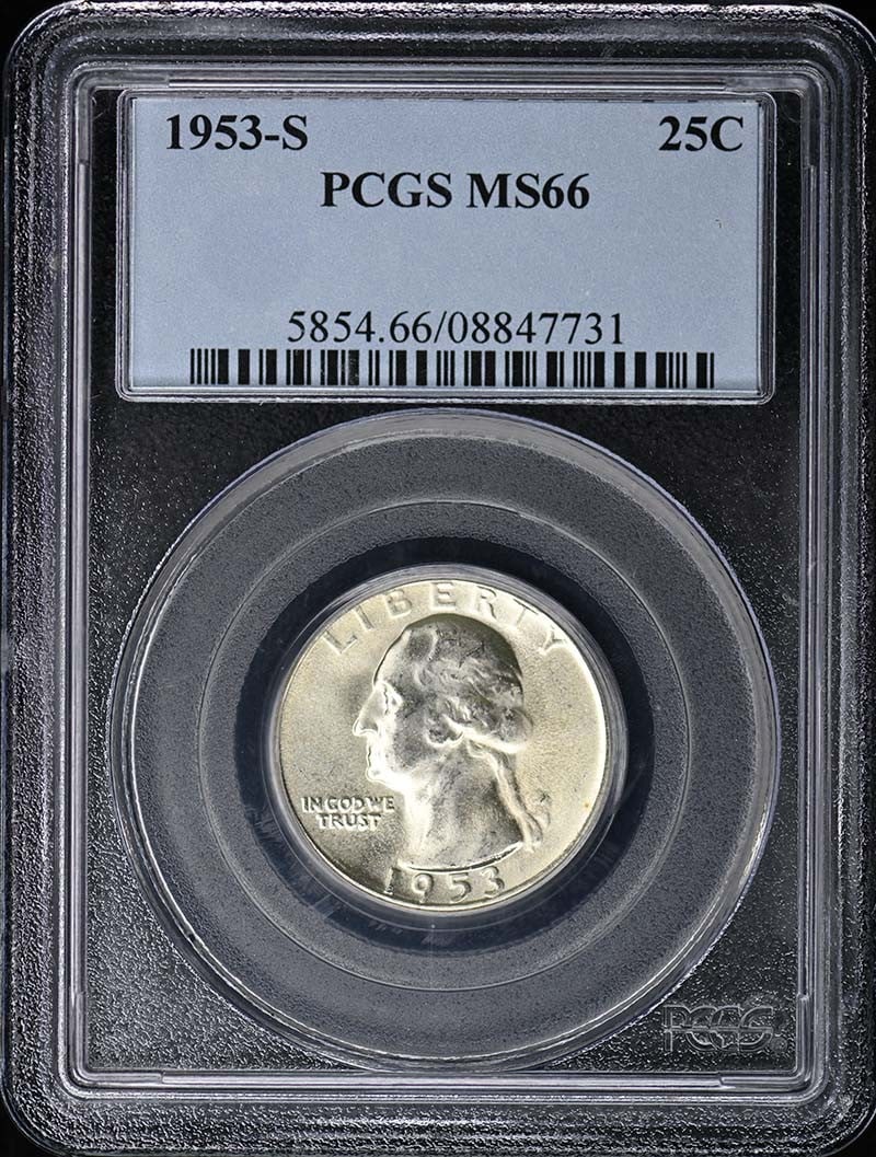 PCGS MS66 1953-S Washington Quarter San Francisco Mint: PCGS MS66 1953-S Washington Quarter San Francisco Mint This is a 1953-S Washington Quarter graded MS66 by PCGS. The coin is uncirculated and was minted in San Francisco. It is designated as a Washingt