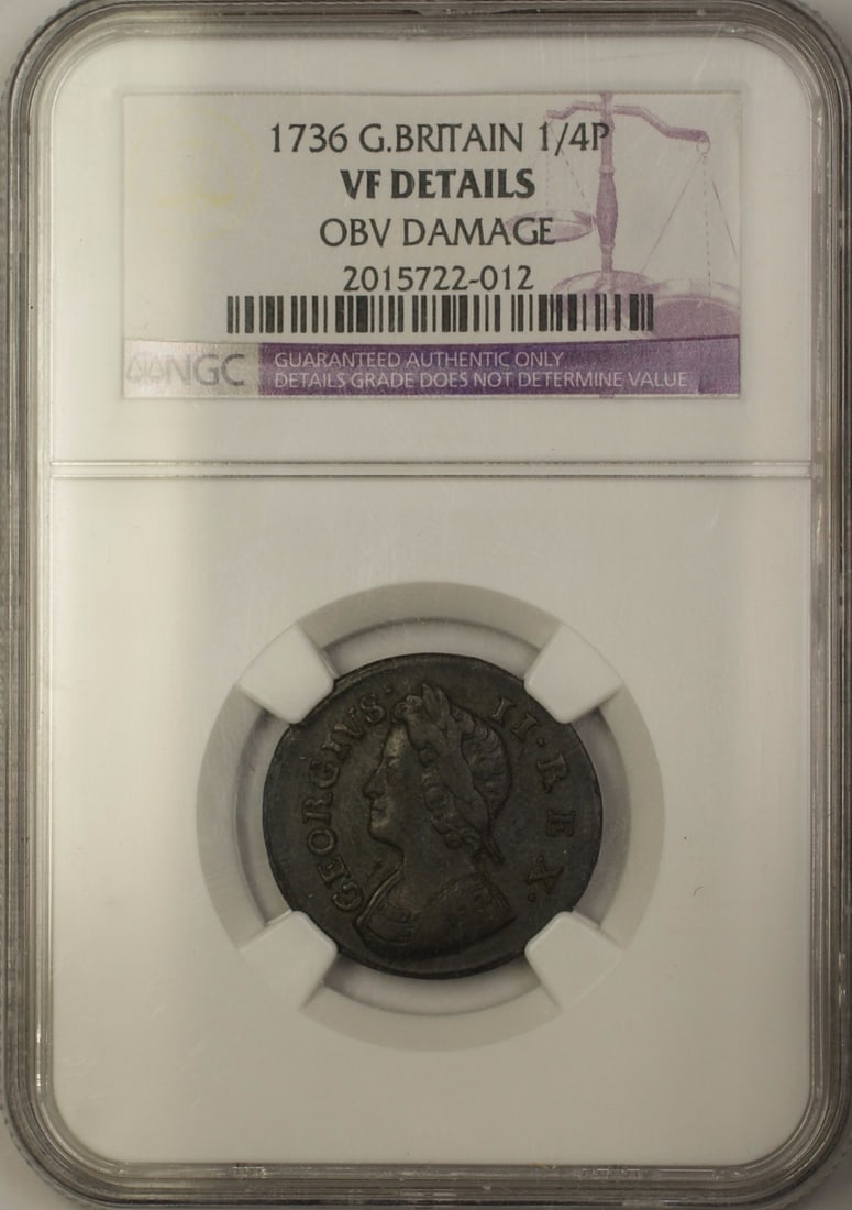 1736 United Kingdom Copper Farthing NGC VF Obverse Issue: 1736 United Kingdom Copper Farthing NGC VF Obverse Issue This is a 1736 Great Britain 1/4 penny farthing coin, certified by NGC with a grade of VF Details. The coin is composed of copper and has obver
