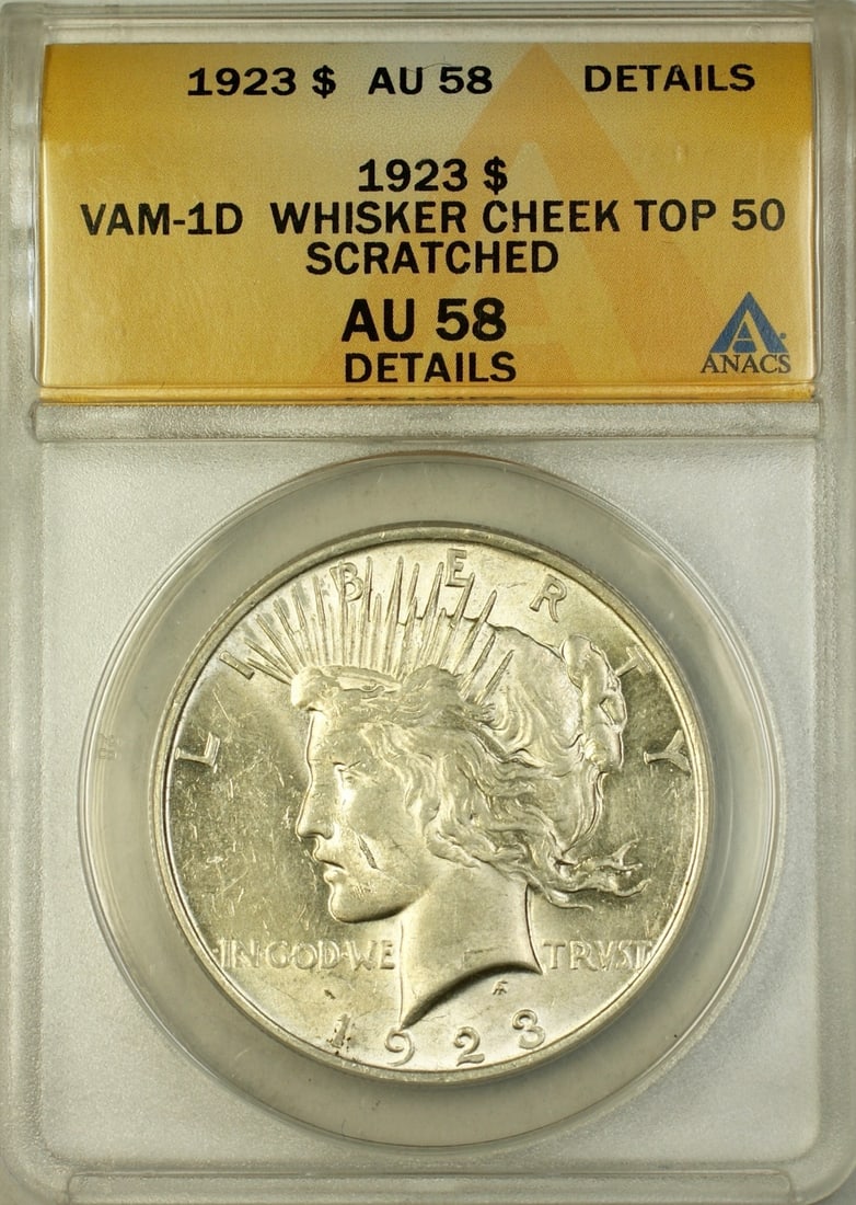 1923 Peace Dollar VAM-1D Whisker Cheek ANACS AU-58 Details Silver Coin (1 of 2)