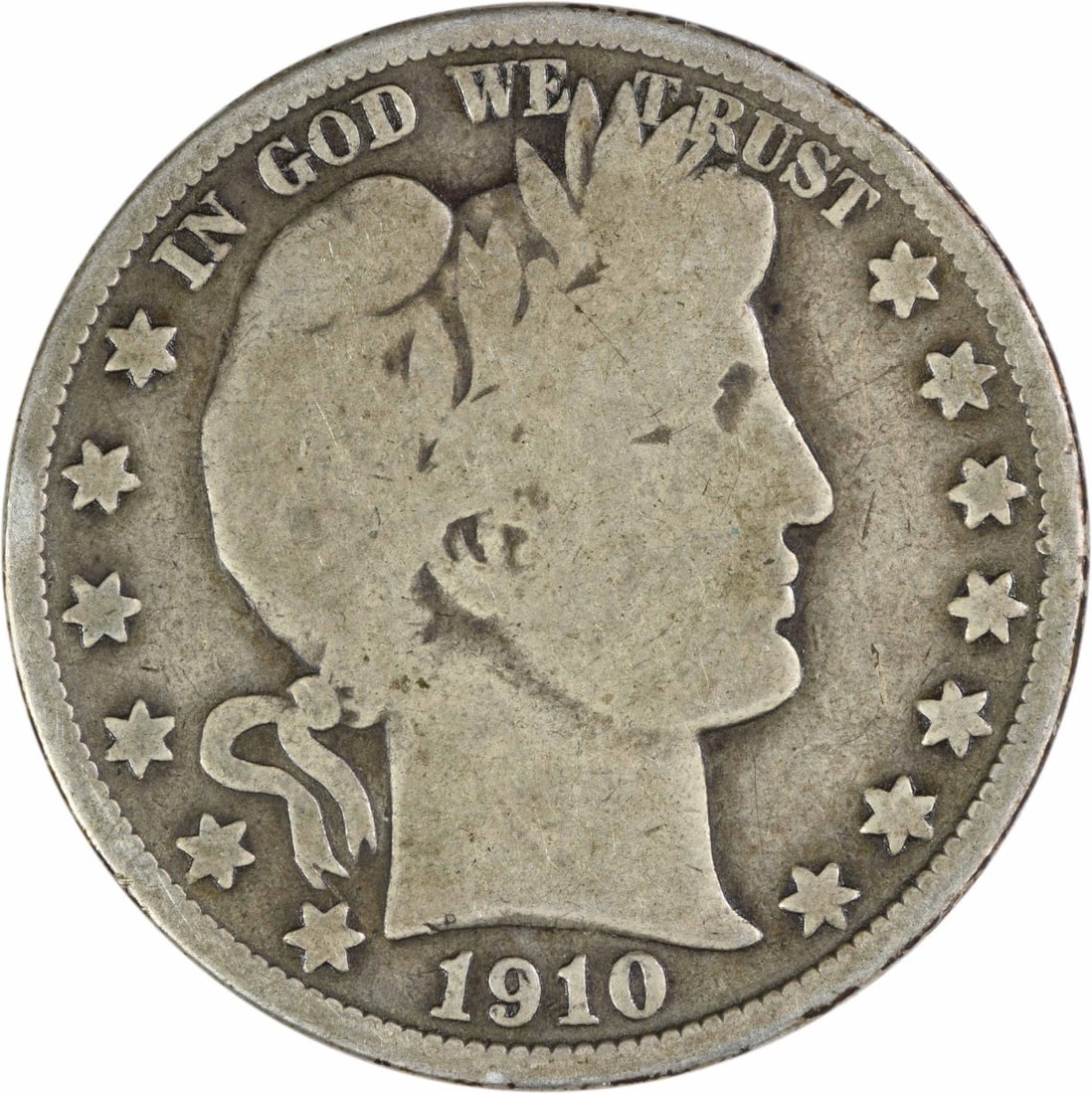 1910 Barber Half Dollar 90 Percent Silver VG Grade Philadelphia Uncertified: 1910 Barber Half Dollar 90 Percent Silver VG Grade Philadelphia Uncertified This is a 1910 Barber Half Dollar coin from the United States, designed by Charles E. Barber. The coin is circulated, graded