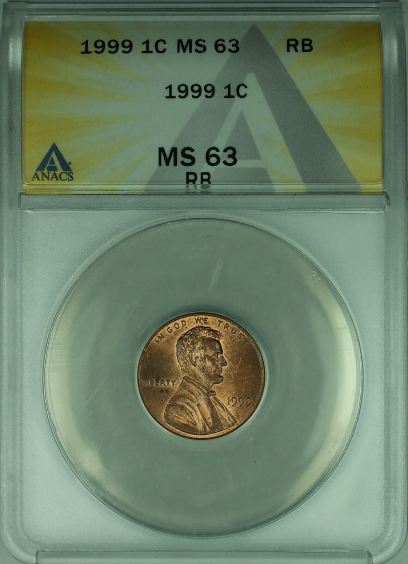 1999 Wide AM Lincoln Cent ANACS MS-63 RB Philadelphia Variety: 1999 Wide AM Lincoln Cent ANACS MS-63 RB Philadelphia Variety This 1999 Lincoln Memorial Cent is a Wide AM variety, graded MS-63 Red Brown (RB) by ANACS. The coin is composed of copper-plated zinc and
