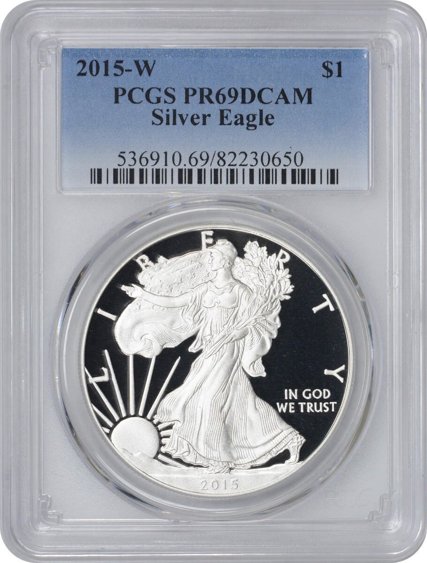 2015-W American Silver Eagle PR69DCAM PCGS 1 oz Proof Coin: 2015-W American Silver Eagle PR69DCAM PCGS 1 oz Proof Coin This 2015-W American Silver Eagle coin is a stunning example of precision craftsmanship, featuring a proof strike and a high-grade PR69 as ce