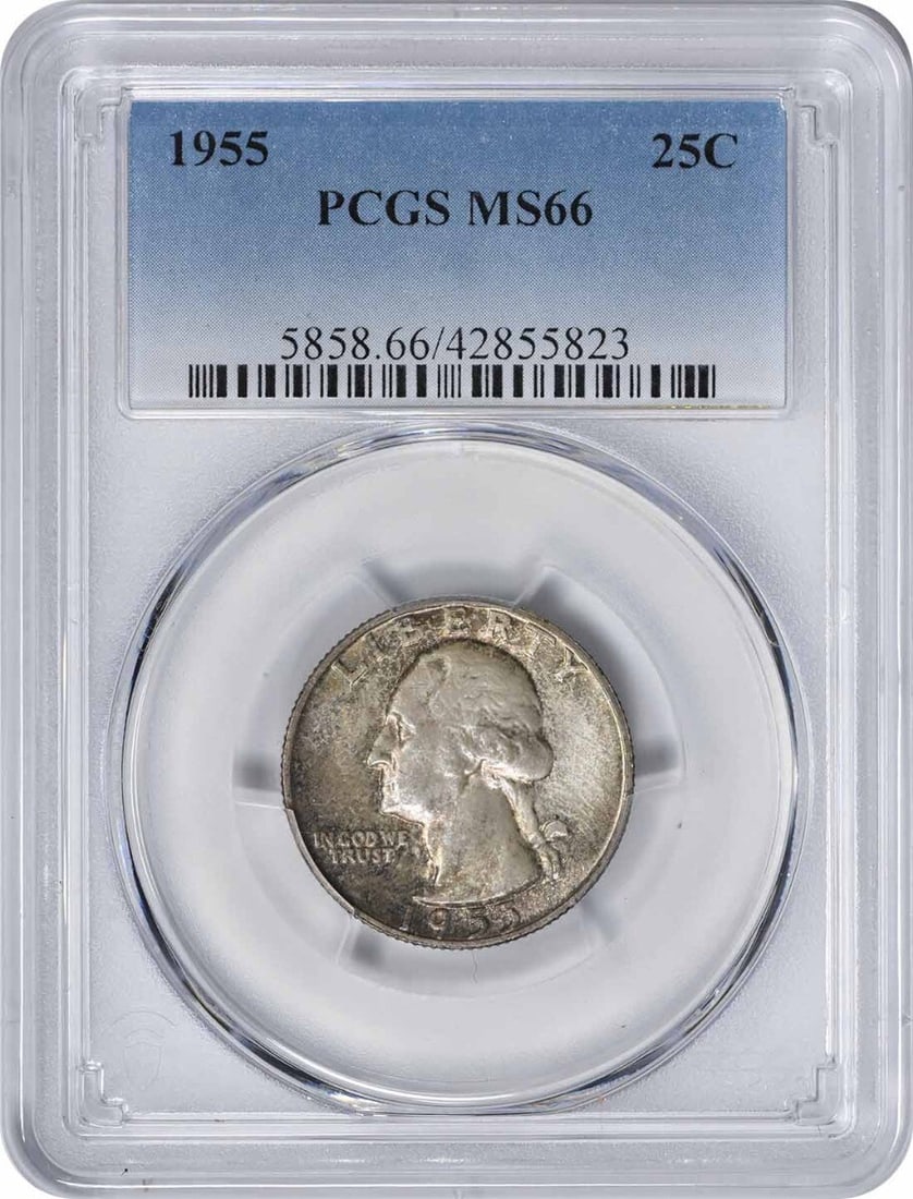 1955 Washington Quarter MS66 PCGS Gunmetal Toning 90% Silver: 1955 Washington Quarter MS66 PCGS Gunmetal Toning 90% Silver This 1955 Washington Silver Quarter showcases stunning gunmetal toning and has been graded MS66 by PCGS, indicating its uncirculated condit