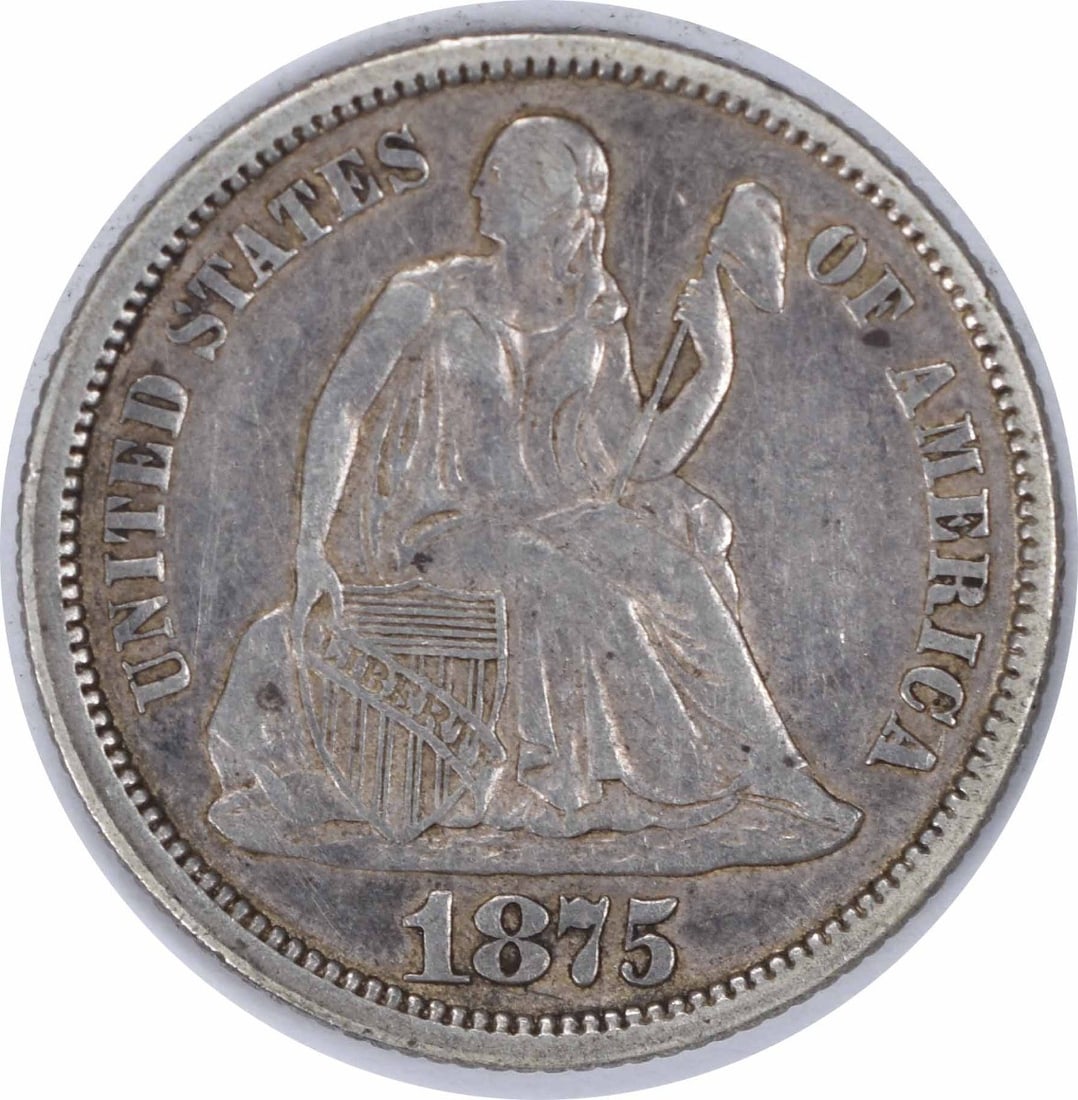 1875 Liberty Seated Silver Dime 10C Christian Gobrecht Uncertified: 1875 Liberty Seated Silver Dime 10C Christian Gobrecht Uncertified This 1875 Liberty Seated Silver Dime showcases a rich history and intricate design, featuring the iconic Seated Liberty on the obvers
