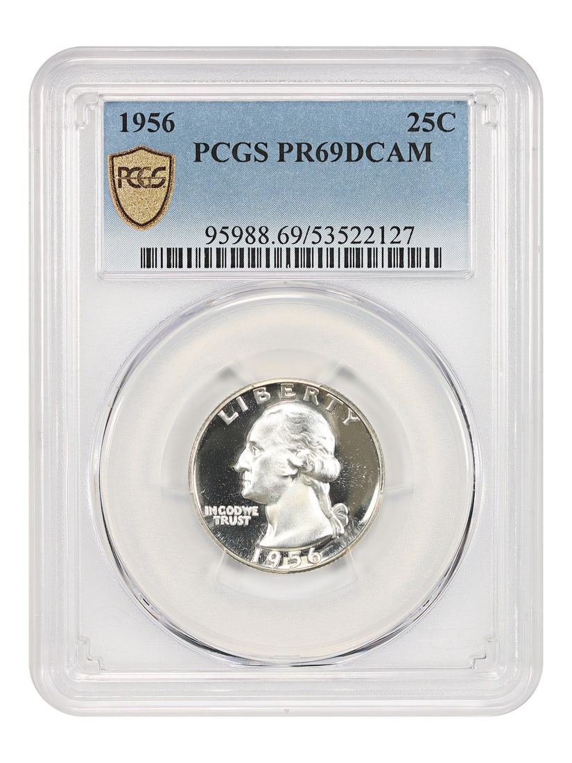 1956 Washington Quarter Proof PCGS PR69DCAM Philadelphia 25C: 1956 Washington Quarter Proof PCGS PR69DCAM Philadelphia 25C This 1956 Washington Quarter is a proof coin graded PR69DCAM by PCGS. It is uncirculated and features a deep cameo strike with a blast whit