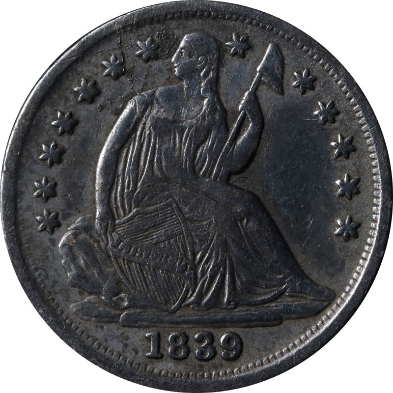 1839 Philadelphia Mint Silver Seated Liberty Half Dime Coin: 1839 Philadelphia Mint Silver Seated Liberty Half Dime Coin This is an 1839-P Seated Liberty Half Dime from the United States. The coin is composed of silver with a fineness of 0.9. It has been circul