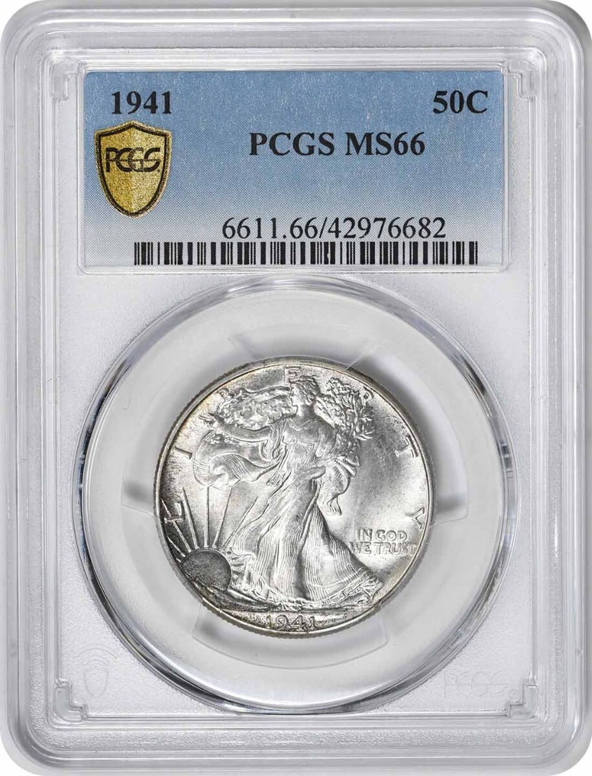 1941 Silver 50C Walking Liberty Half Dollar MS66 Graded by PCGS: 1941 Silver 50C Walking Liberty Half Dollar MS66 Graded by PCGS This 1941 Walking Liberty Half Dollar was struck in Philadelphia and features a composition of 90% silver and 10% copper. The coin is ce