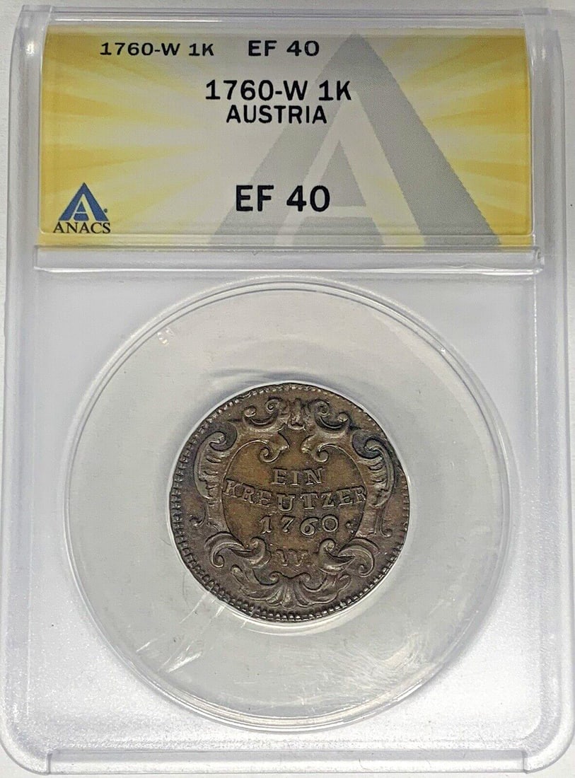 ANACS XF 40 certified 1760 copper 1 Kreutzer coin from Austria: ANACS XF 40 certified 1760 copper 1 Kreutzer coin from Austria This 1760 Austria 1 Kreutzer coin is composed of copper and originates from Austria. It has been certified by ANACS and graded XF 40, ind