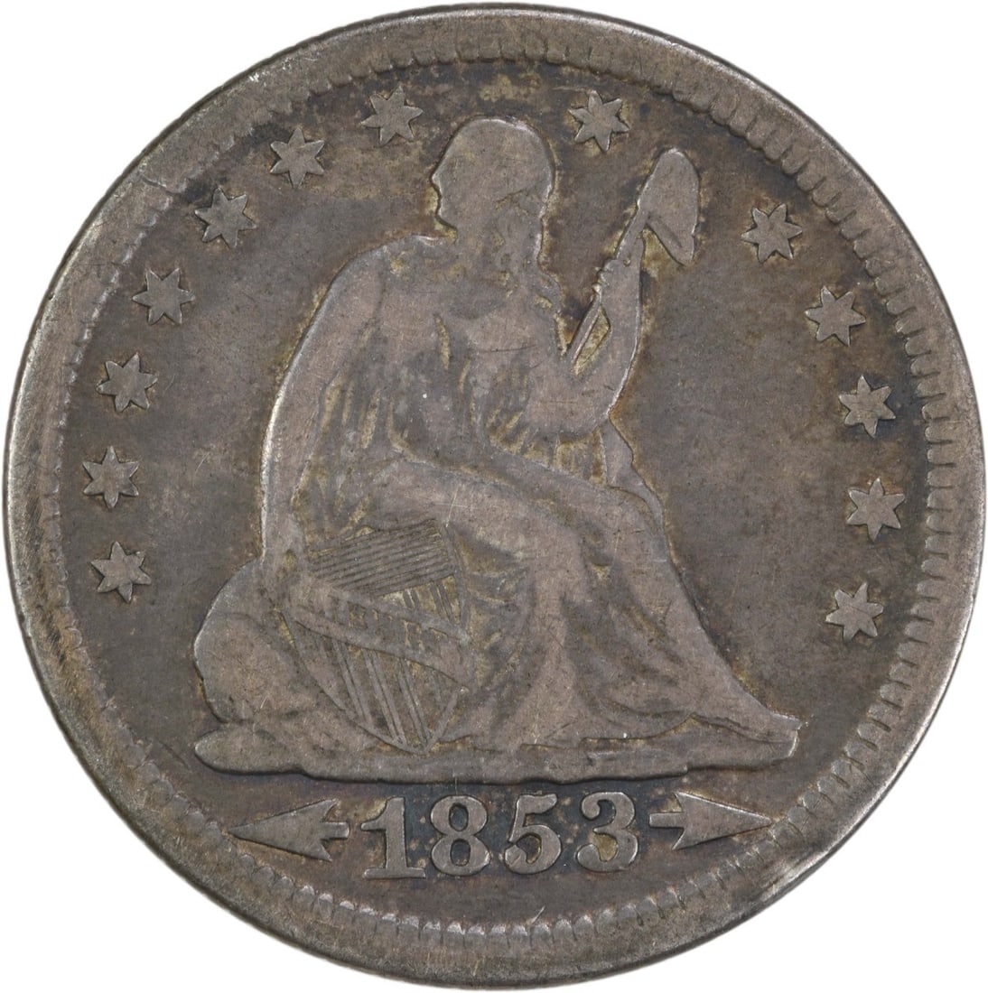 1853 Liberty Seated Silver Quarter 25C VF Uncertified Philadelphia Mint: 1853 Liberty Seated Silver Quarter 25C VF Uncertified Philadelphia Mint This 1853 Liberty Seated Silver Quarter features the unique Arrows and Rays design and is in Very Fine (VF) condition. Struck in
