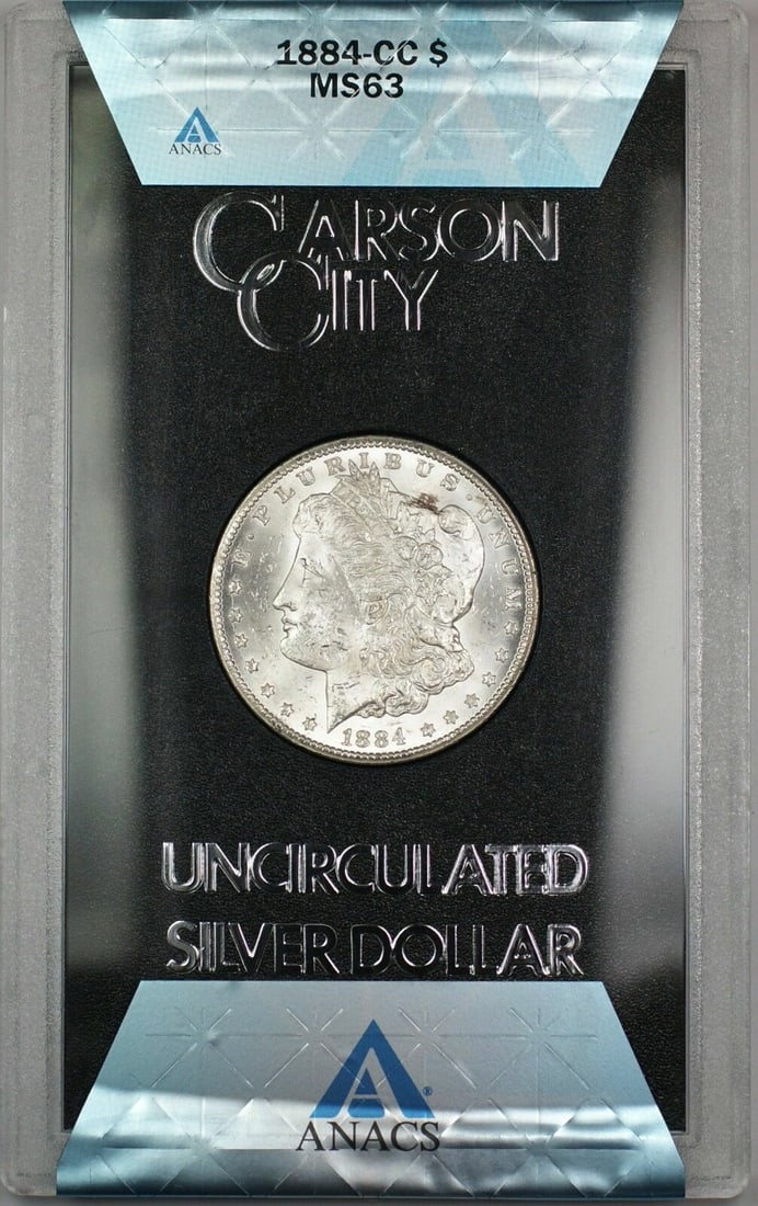 1884 Carson City Morgan Dollar ANACS MS-63 GSA Box and COA Silver $1 Coin: 1884 Carson City Morgan Dollar ANACS MS-63 GSA Box and COA Silver $1 Coin This 1884-CC Morgan Silver Dollar from the GSA Hoard is graded MS-63 by ANACS. Minted in Carson City, this uncirculated $1 coi