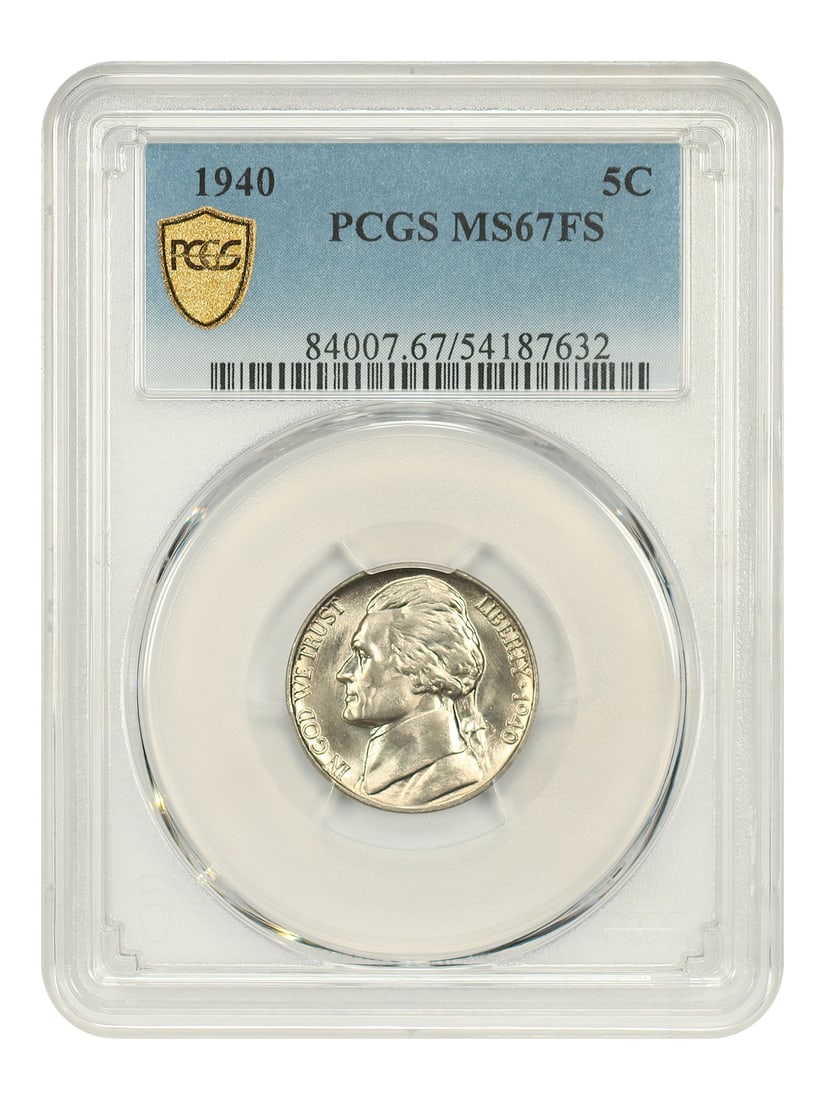 Jefferson Nickel 1940 MS67FS Uncirculated 5C Graded by PCGS: Jefferson Nickel 1940 MS67FS Uncirculated 5C Graded by PCGS This is a 1940 Jefferson Nickel graded MS67FS by PCGS. The coin is uncirculated and features a Full Steps designation, indicating strong str