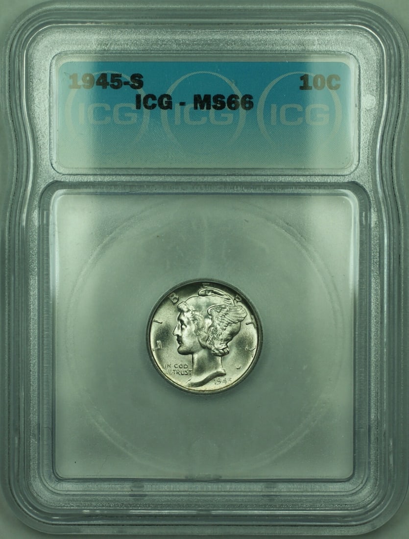 1945 San Francisco Mint 10C Mercury Dime Silver ICG MS66 Certified: 1945 San Francisco Mint 10C Mercury Dime Silver ICG MS66 Certified This is a 1945-S Mercury Silver Dime graded MS-66 by ICG. The coin was minted in San Francisco and is composed of 90% silver. It is u