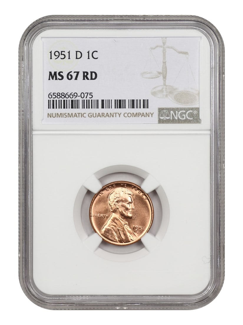 NGC MS67RD 1951 Denver Lincoln Wheat Cent 1C Uncirculated: NGC MS67RD 1951 Denver Lincoln Wheat Cent 1C Uncirculated This 1951-D Lincoln Cent features the Wheat Reverse and has been certified by NGC as MS67RD, indicating a high-quality, uncirculated coin with