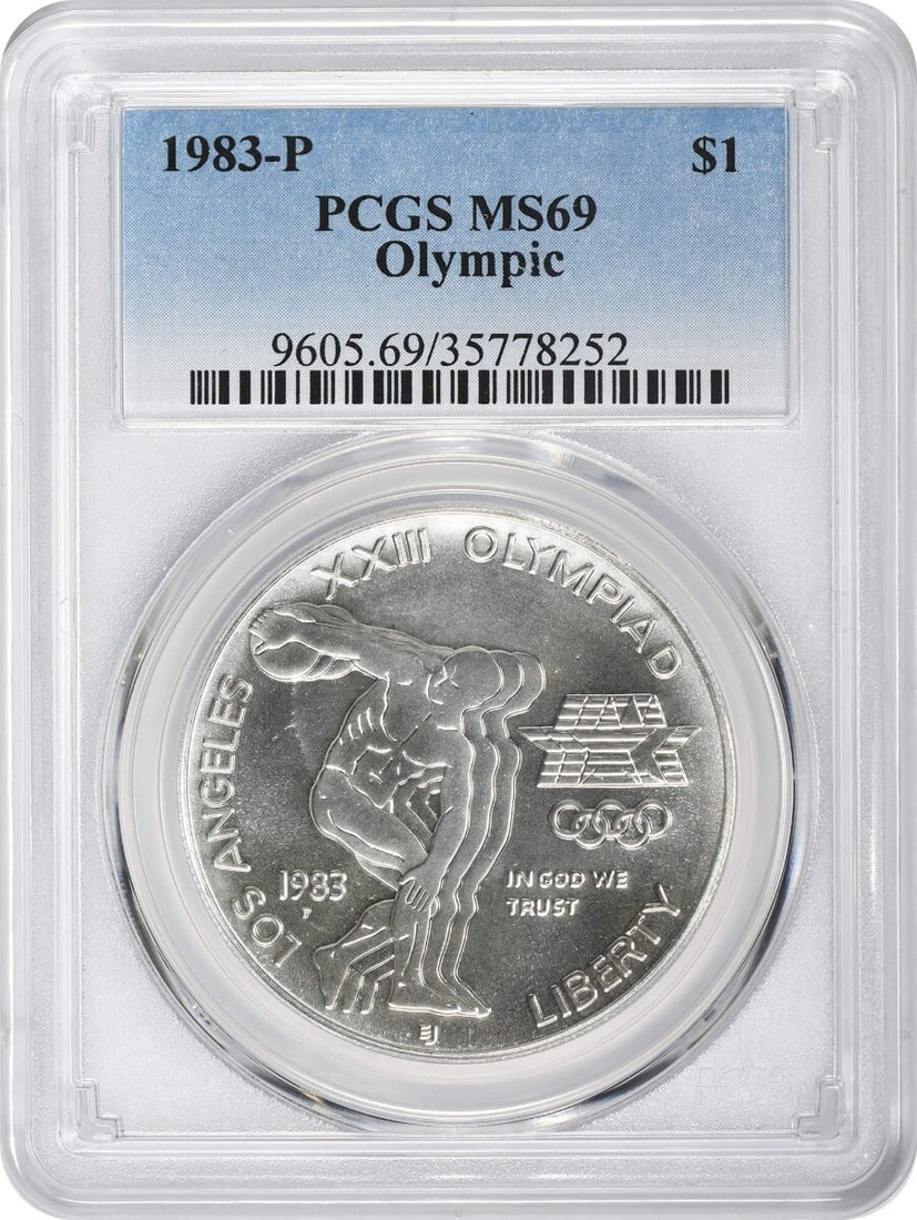 PCGS MS69 1983 Philadelphia Olympic Silver Commemorative Dollar Coin: PCGS MS69 1983 Philadelphia Olympic Silver Commemorative Dollar Coin This is a 1983-P Olympic Silver Commemorative Dollar graded MS69 by PCGS. Struck at the Philadelphia Mint, this uncirculated coin i