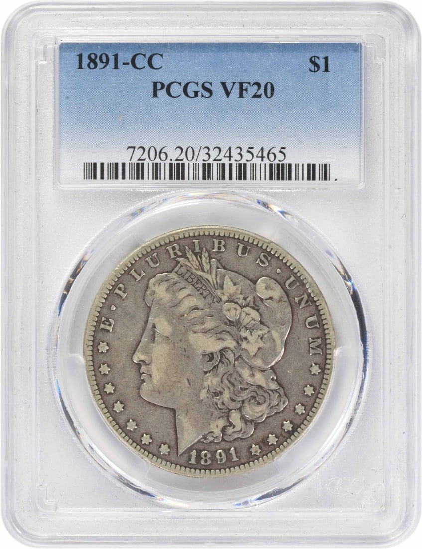 PCGS VF20 1891 Carson City Morgan Dollar 90 Percent Silver Coin: PCGS VF20 1891 Carson City Morgan Dollar 90 Percent Silver Coin This 1891-CC Morgan Silver Dollar is a circulated coin graded VF20 by PCGS. Minted in Carson City, it features a composition of 90% silv