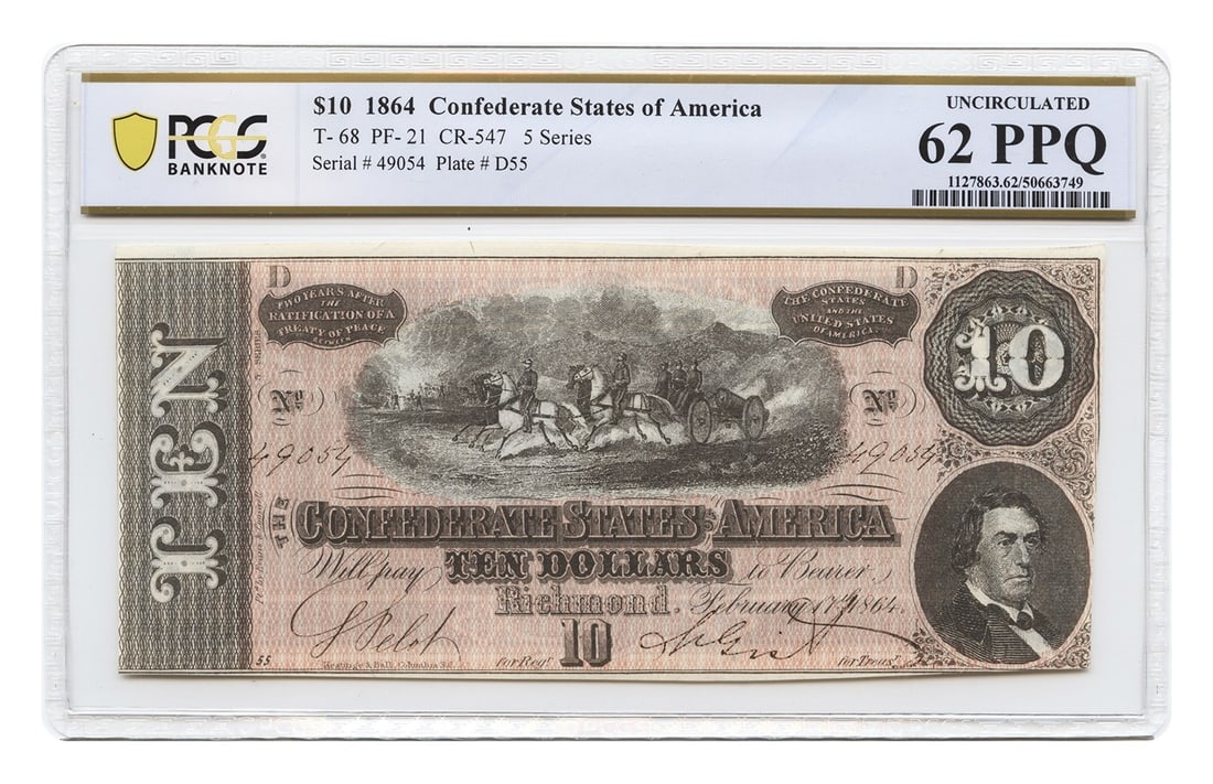 1864 Confederate States $10 Note PCGS UNC62 Civil War Era (1 of 2)