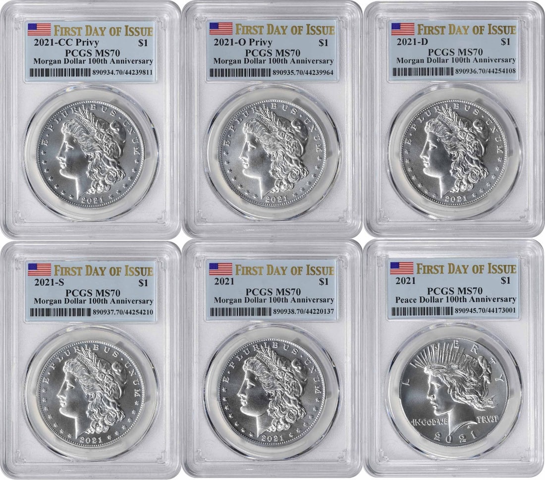 Six Coin MS70 PCGS 2021 Morgan and Peace Silver Dollar First Day Issue Set (1 of 2)
