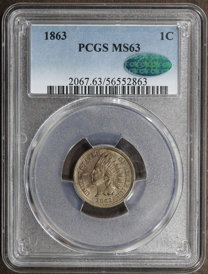 1863 Indian Head Cent MS63 Brown PCGS Certified CAC: 1863 Indian Head Cent MS63 Brown PCGS Certified CAC This is an 1863 Indian Head Cent featuring a copper bronze composition with a BN (brown) color designation. Graded MS63 by PCGS and CAC approved, th