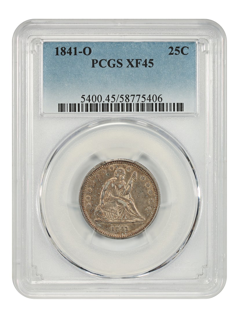 PCGS XF45 1841-O Liberty Seated Quarter Dollar New Orleans Mint: PCGS XF45 1841-O Liberty Seated Quarter Dollar New Orleans Mint This is an 1841 Liberty Seated Quarter, minted in New Orleans and certified by PCGS with a grade of XF45. The coin is circulated and fea