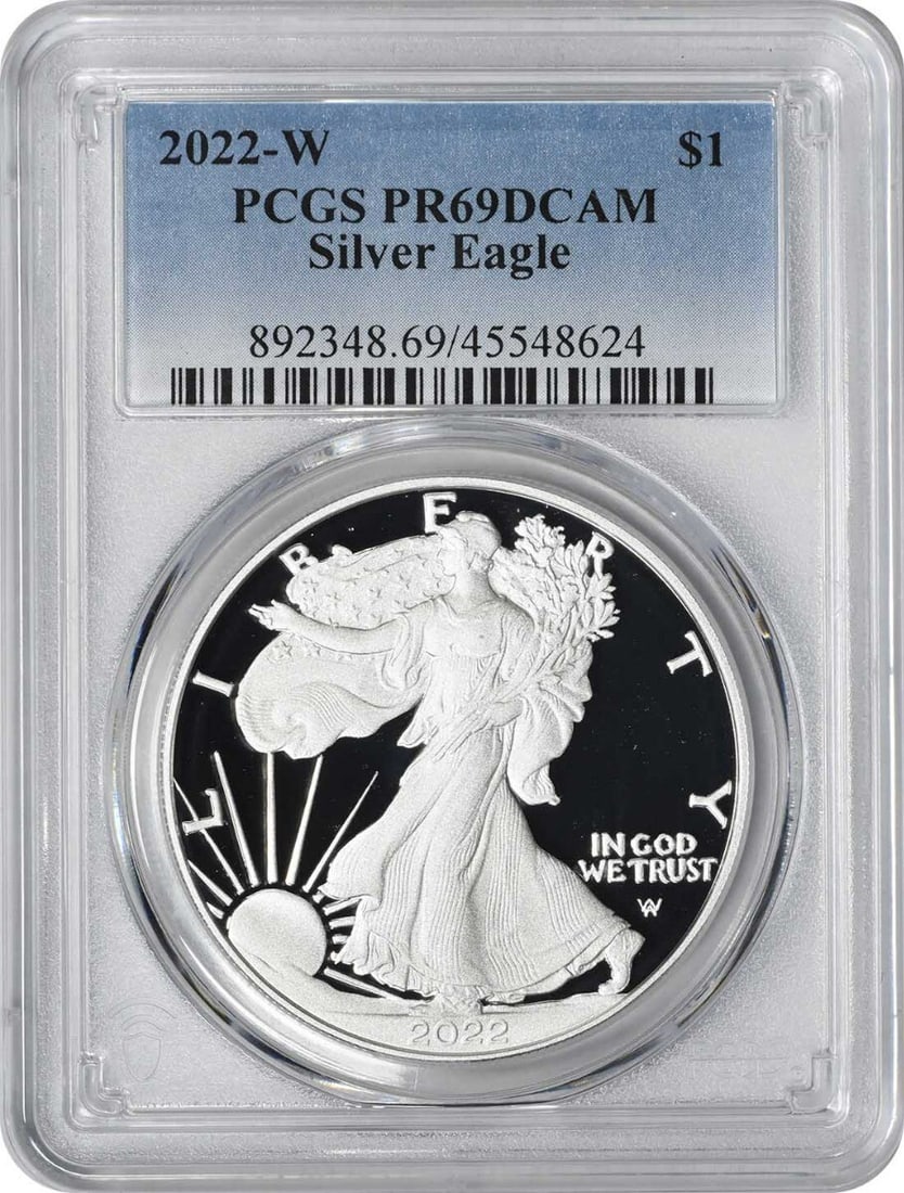 2022-W American Silver Eagle Coin PR69DCAM Certified PCGS: 2022-W American Silver Eagle Coin PR69DCAM Certified PCGS This 2022-W American Silver Eagle coin is a stunning piece, graded PR69DCAM by PCGS, ensuring its exceptional quality. With a strike type of p