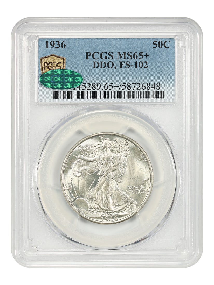 Walking Liberty Half Dollar 1936 PCGS CAC MS65 Plus DDO FS-102: Walking Liberty Half Dollar 1936 PCGS CAC MS65 Plus DDO FS-102 This is a 1936 Walking Liberty Half Dollar graded MS65+ by PCGS with CAC approval. It features the Double Die Obverse (DDO, FS-102) varie