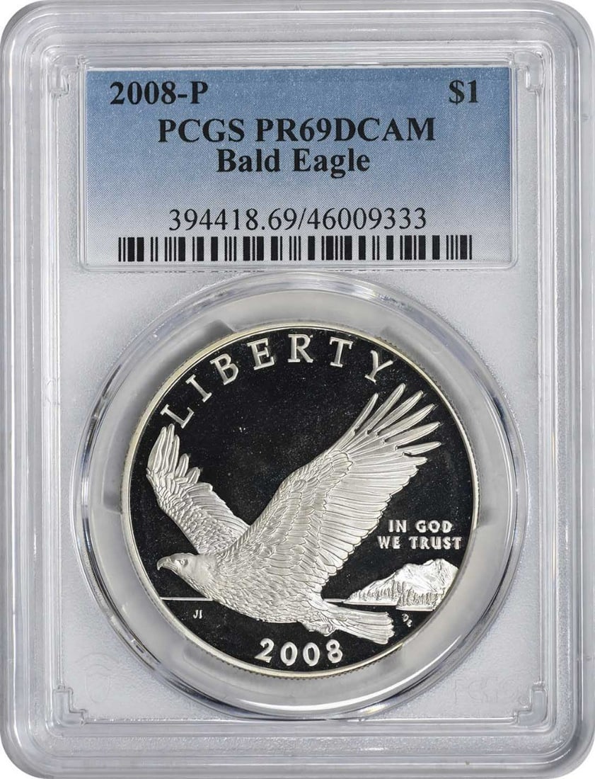 PCGS PR69 2008 Proof Silver Dollar Bald Eagle Commemorative Coin: PCGS PR69 2008 Proof Silver Dollar Bald Eagle Commemorative Coin This 2008-P Bald Eagle Silver Commemorative Dollar is a proof coin graded PR69 Deep Cameo by PCGS. Struck at the Philadelphia Mint, thi