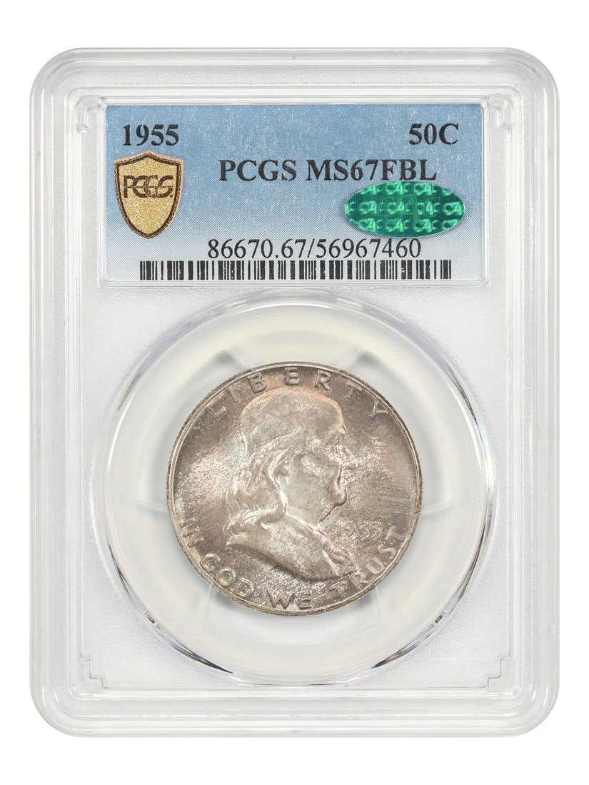 PCGS CAC MS67FBL 1955 Franklin Half Dollar Philadelphia Mint: PCGS CAC MS67FBL 1955 Franklin Half Dollar Philadelphia Mint This is a 1955 Franklin Half Dollar with a denomination of 50 cents, certified by PCGS and CAC. The coin is graded MS67FBL, indicating a hi