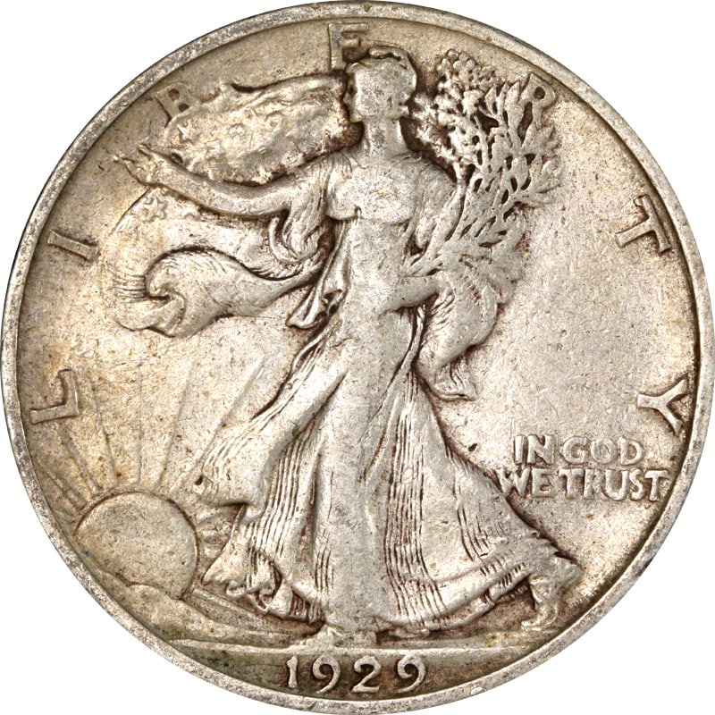 Silver 1929 San Francisco Walking Liberty Half Dollar Coin: Silver 1929 San Francisco Walking Liberty Half Dollar Coin This 1929-S Walking Liberty Half Dollar is a circulated, pre-owned silver coin minted in the United States. It features a fineness of 0.9 and