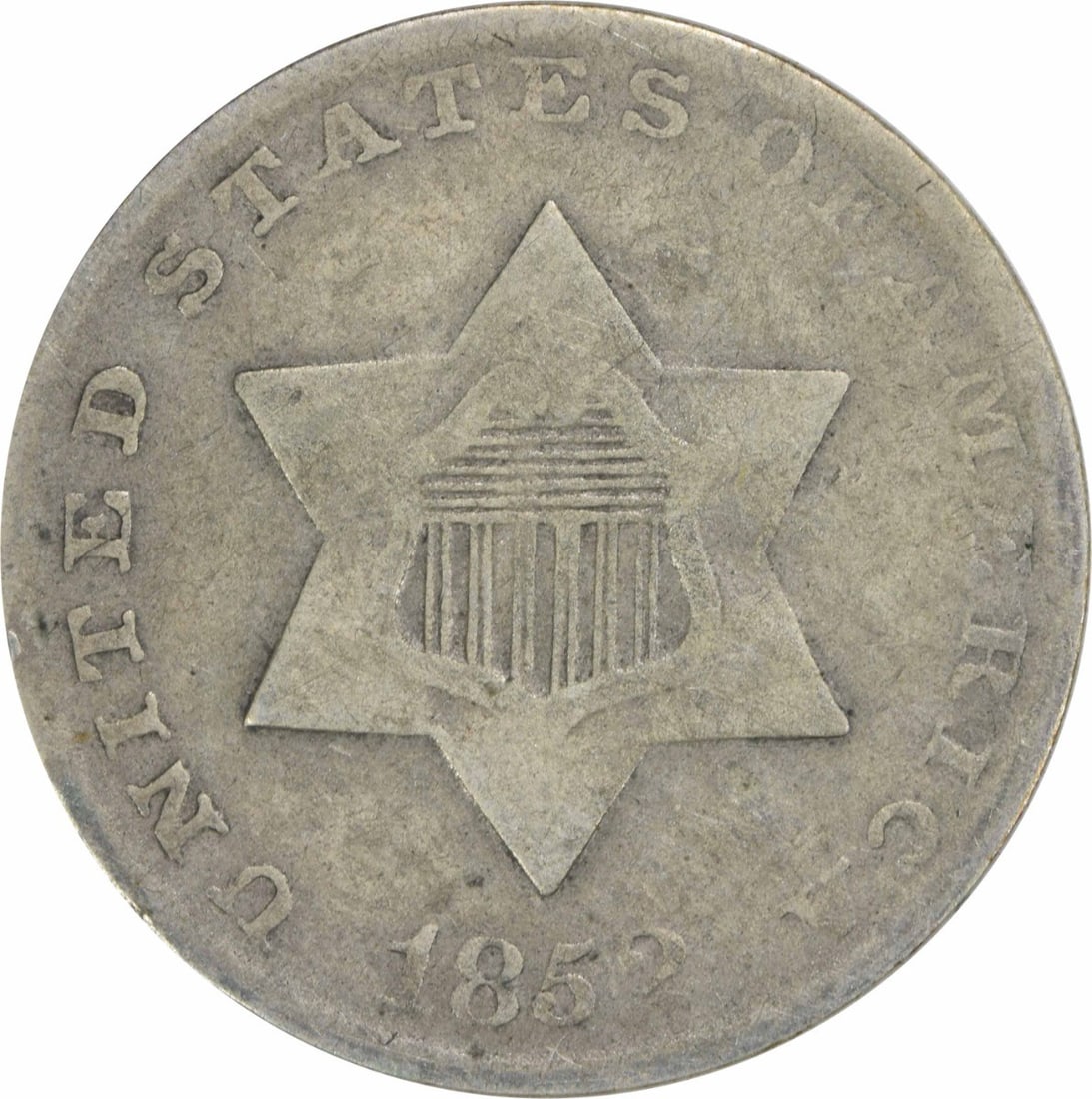 1852 Three Cent Silver Coin Uncertified Philadelphia Mint: 1852 Three Cent Silver Coin Uncertified Philadelphia Mint This 1852 Three Cent Silver coin, minted in Philadelphia, features a composition of 75% silver and 25% copper. It is classified as circulated 