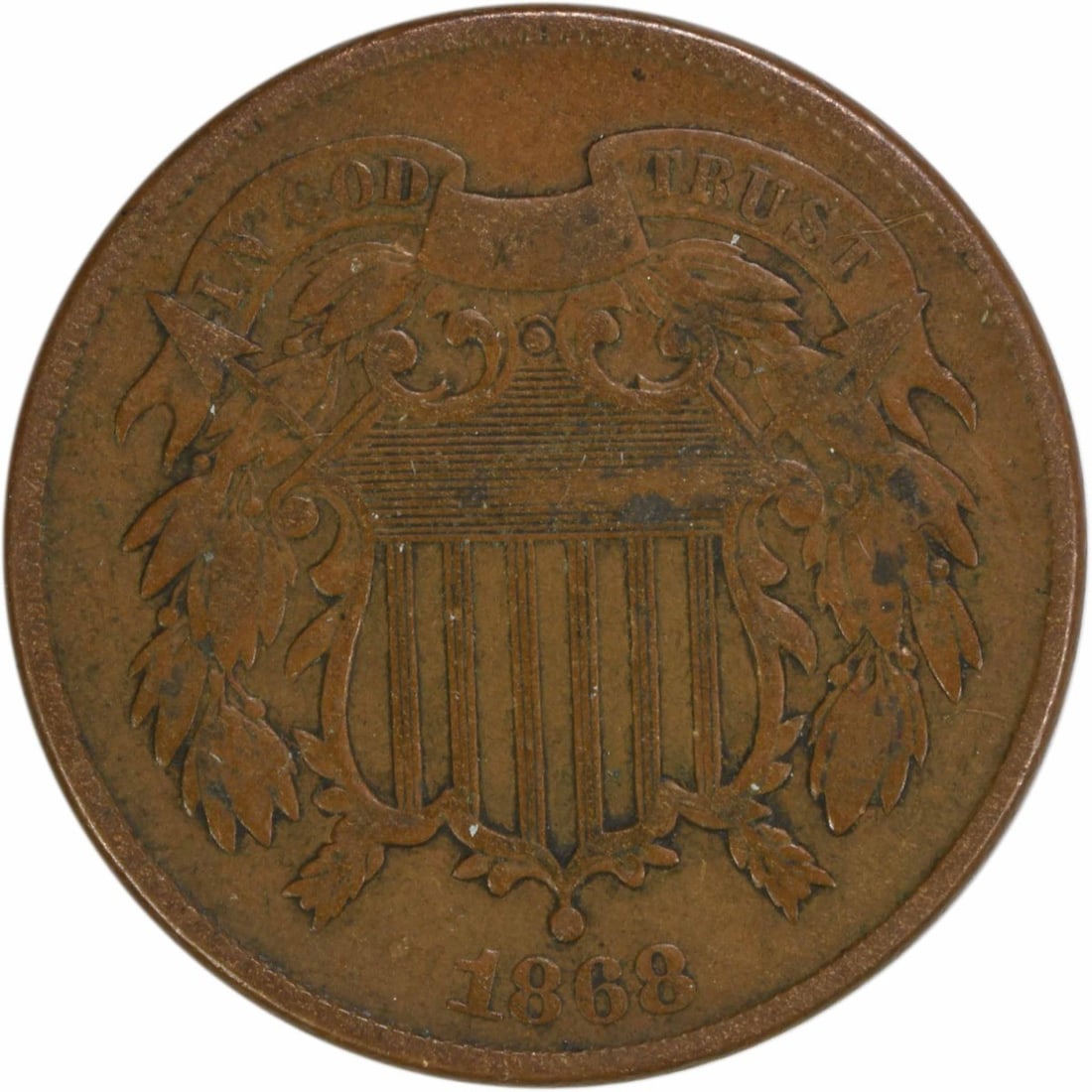1868 Two Cent Piece VF Bronze Coin Philadelphia Mint: 1868 Two Cent Piece VF Bronze Coin Philadelphia Mint This 1868 Two Cent Piece is a valuable addition for any coin collector. It features a design by James Barton Longacre and is classified as Very Fin